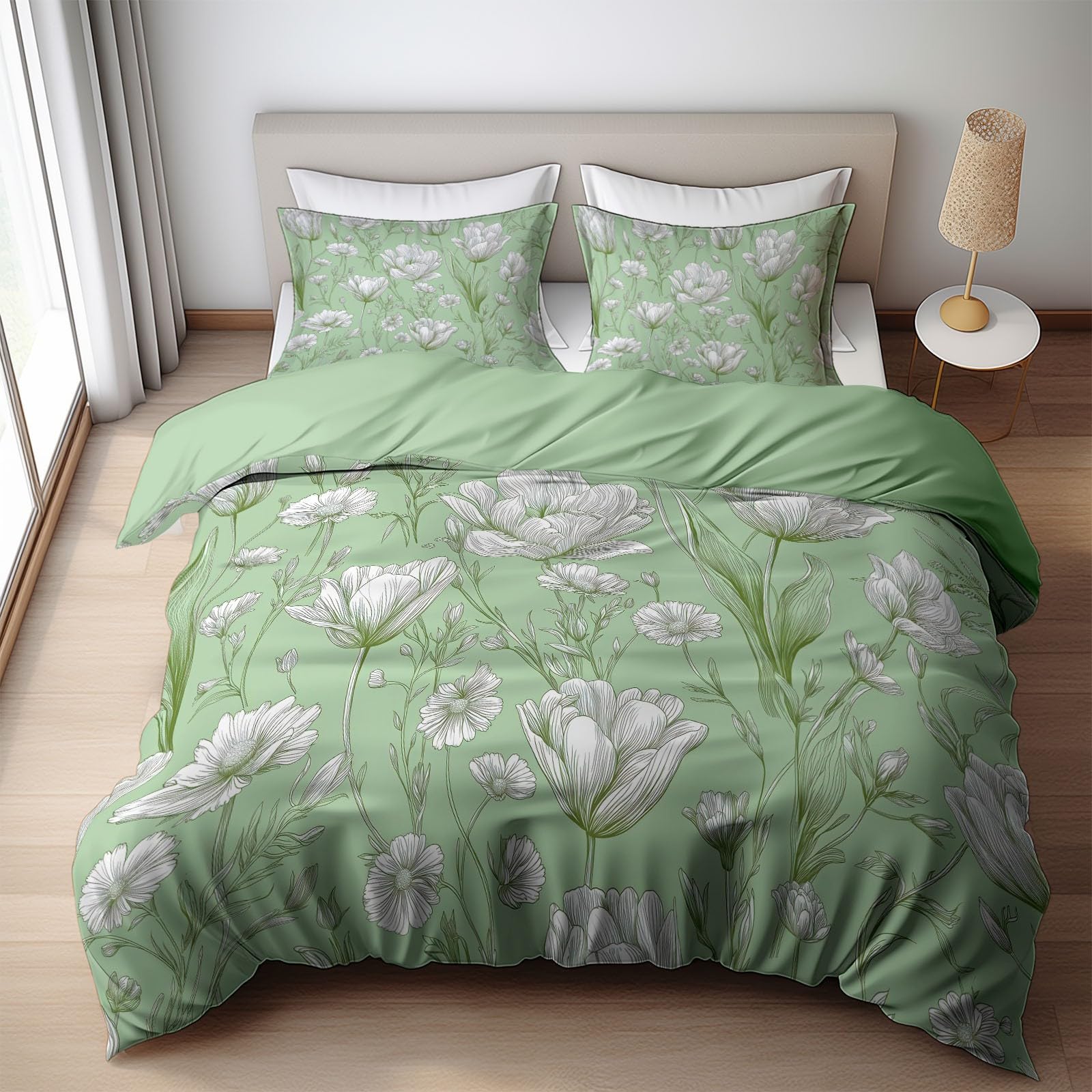 Set copripiumino super king size, in policotone, elegante e delicato, ultra morbido, ipoallergenico, con chiusura a cerniera, verde pallido, 260 x 220 cm