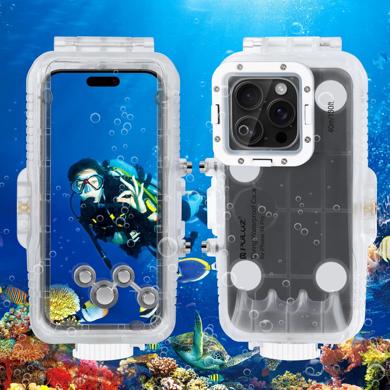 PULUZ Custodia impermeabile per iPhone 16 Pro, custodia protettiva 40 m, custodia subacquea per surf, snorkeling, kayak, trasparente