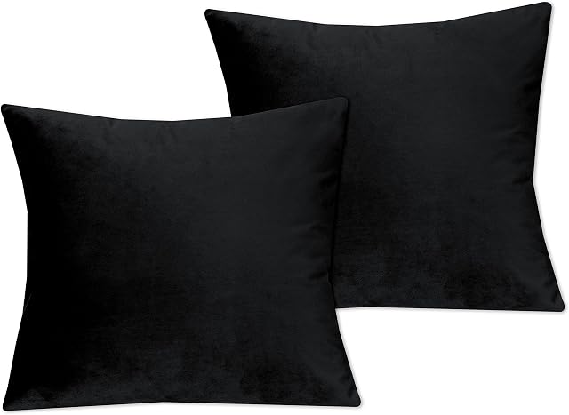 My home store Decorative Velvet Cushion Covers - 18 x 18 Square Throw Pillowcases for Bedroom Sofa with Invisible Zipper 18x18 Inch, Black Sets of 2