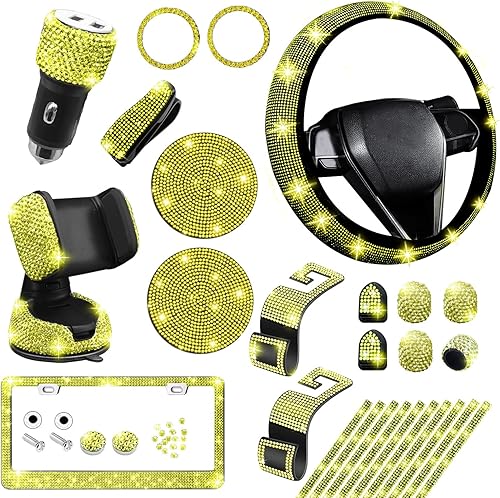 NBTEPEM Juego de 27 piezas de accesorios de automóvil brillantes para mujer, fundas para volante de ajuste universal de 15 pulgadas, marco de