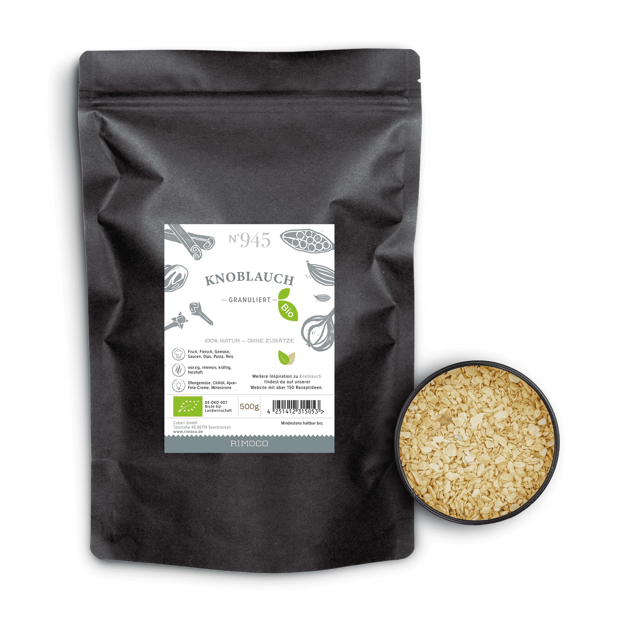 Rimoco N°945 Bio Knoblauch Granulat - Knoblauch Flocken getrocknet und granuliert | herzhaft, würzig & intensives Aroma | in Kraftpapier Zip Frische-Beutel | Inhalt: 500g