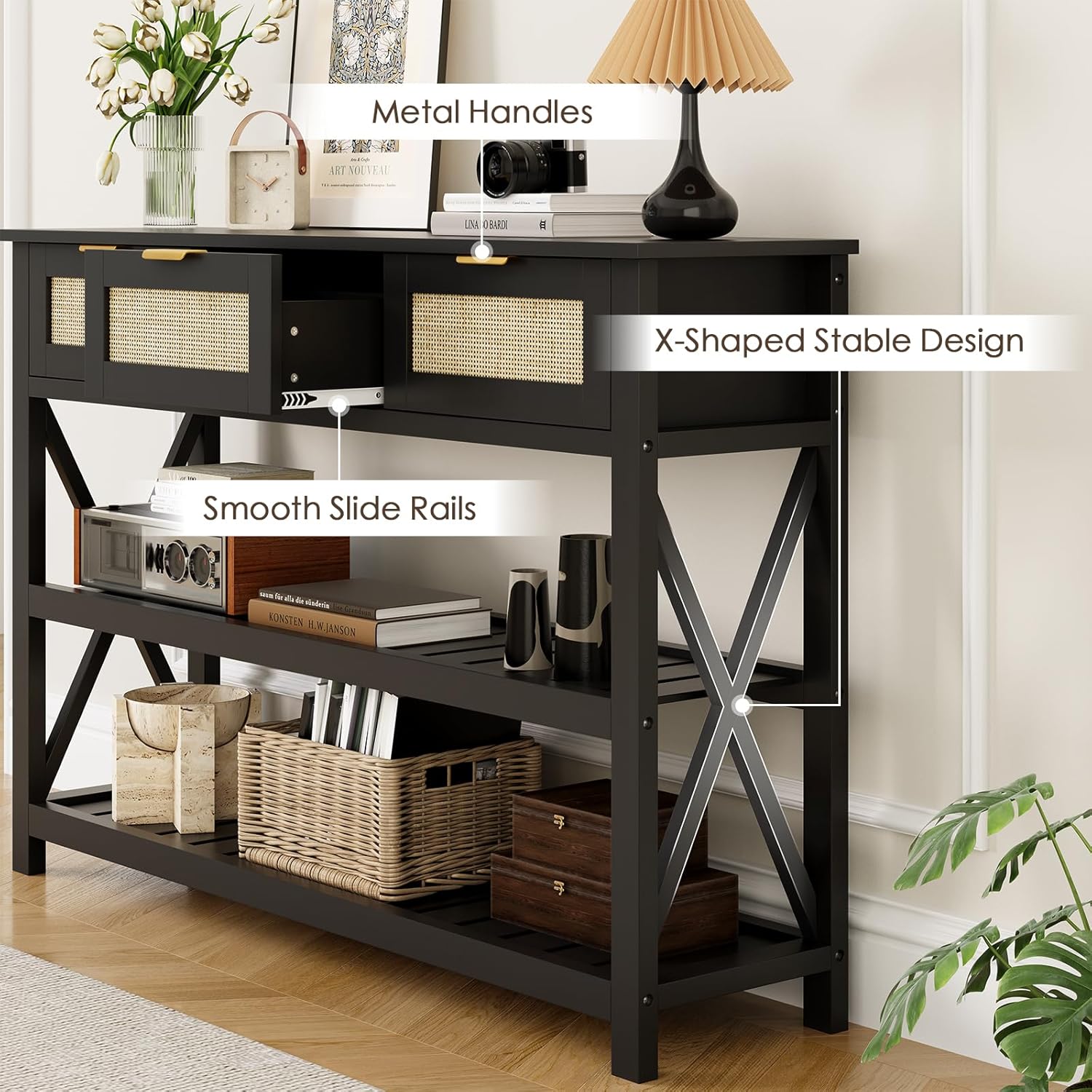 Close-up of the console table showing metal handles, smooth slide rails, and X-shaped stable design.
