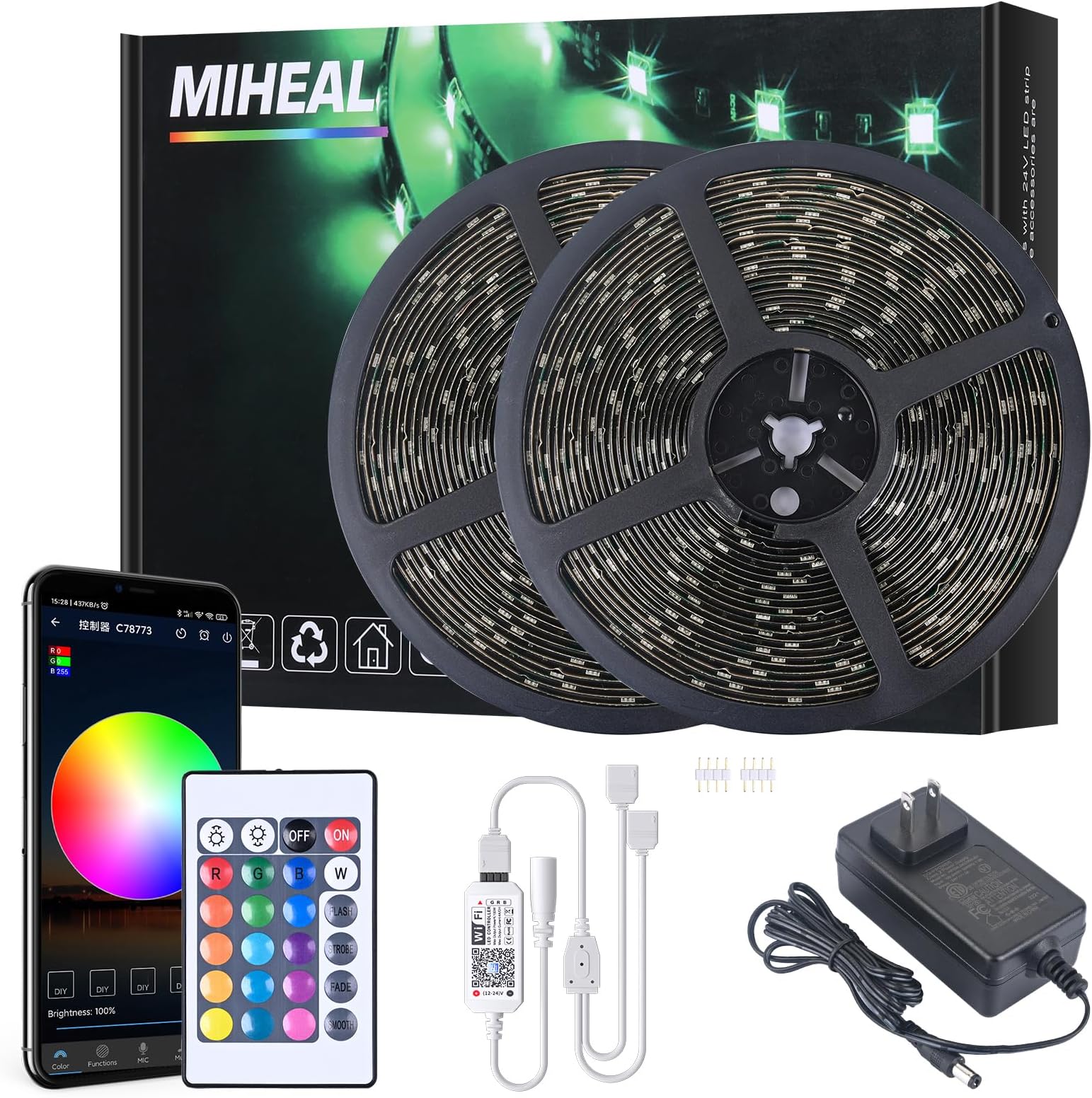 MIHEAL Led Light Strip, WiFi Wireless Smart Phone Controlled 65.6ft IP65Waterproof Strip Light Kit Black PCB 5050 LED Lights,Working with Android and iOS System,IFTTT