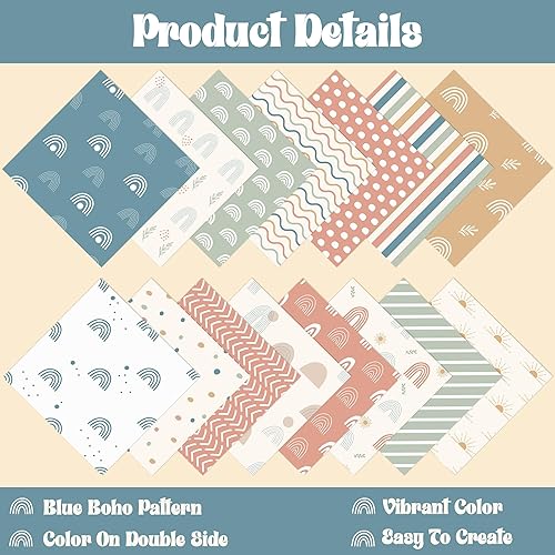 Miniatura 4 de Haooryx Juego de 60 piezas de papel con patrón bohemio de 11 x 11 pulgadas, retro, bohemio, arco iris, papel decorativo de doble cara, papel