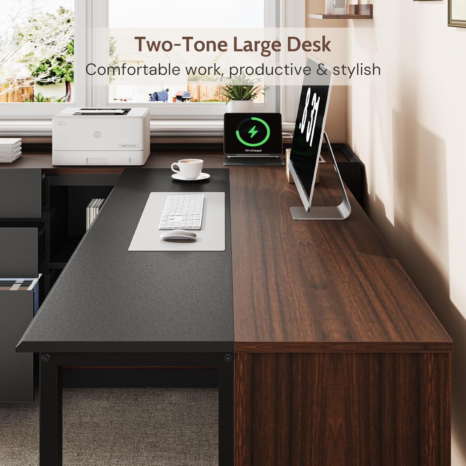 70" Executive Desk with Cabinet Storage, L-Shaped Office Desk with 3 Drawers and Shelves, Large Computer Desk Business Furniture for Home Office (Brown & Black)