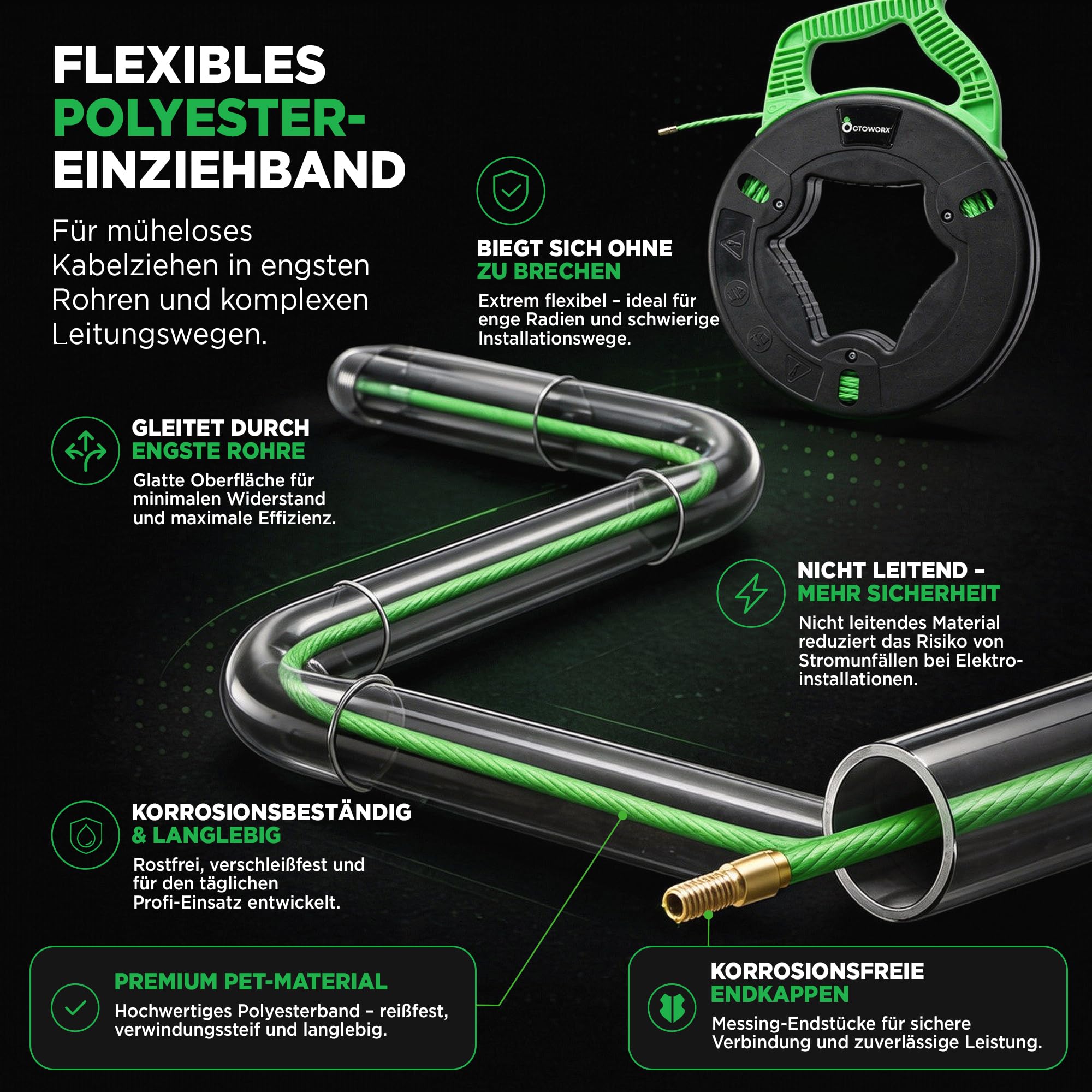 Kabeleinziehhilfe 30m mit Kabelziehgriff & 8 Adaptern | Einziehhilfe für Leerrohre, Elektro & Glasfaser – Zugdraht, Einziehband, Einziehspirale, PET-Kabel Ø4,5mm