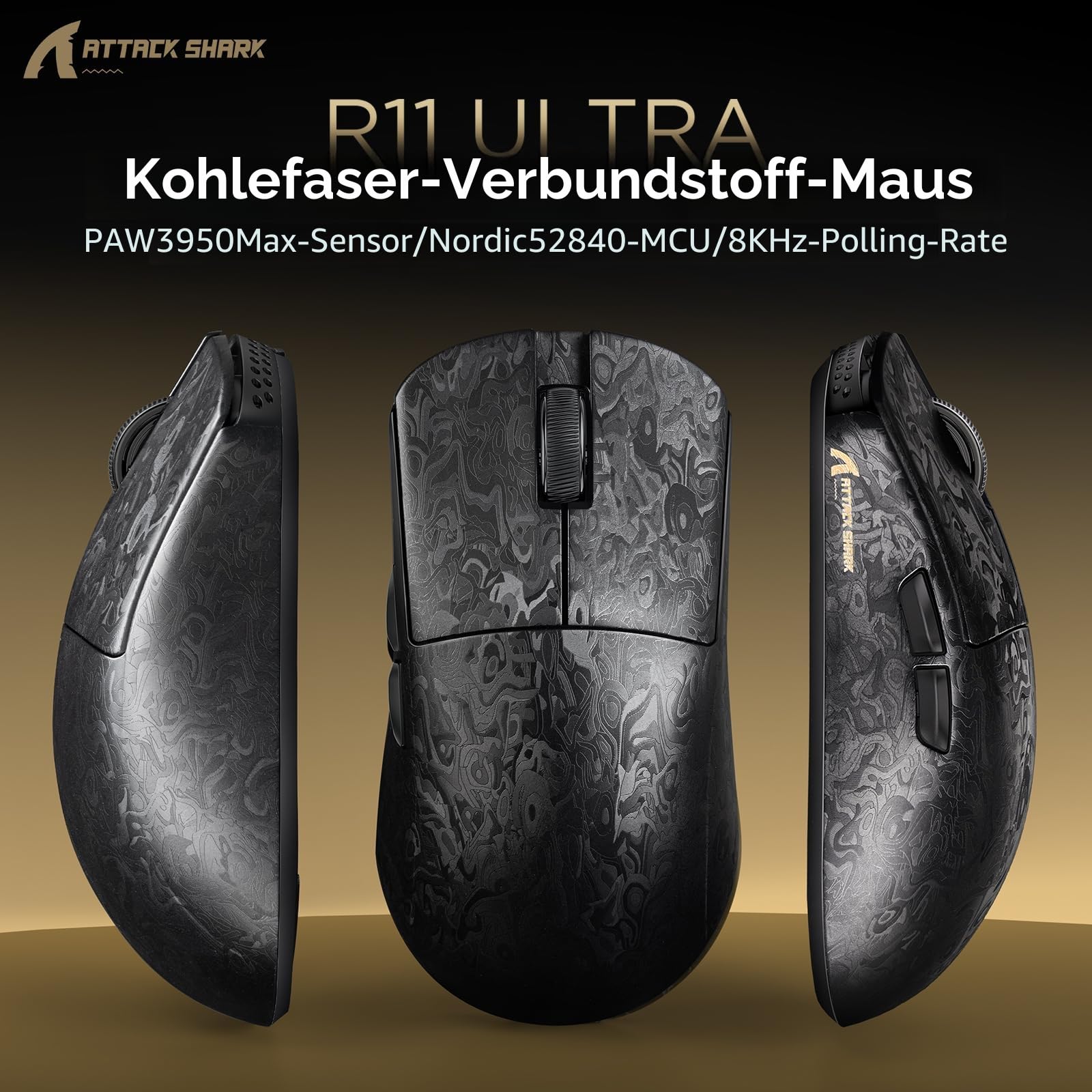 MAMBASNAKE x Attack Shark R11ULTRA Carbon Fiber Wireless Gaming Mouse, 8000Hz, 49g Superlight, 42000DPI, PAW3950MAX Sensor, Nordic 52840 Chip, Nano-Metal Ice Coating, 20000 FPS, BT/2.4G/USB-C Mice