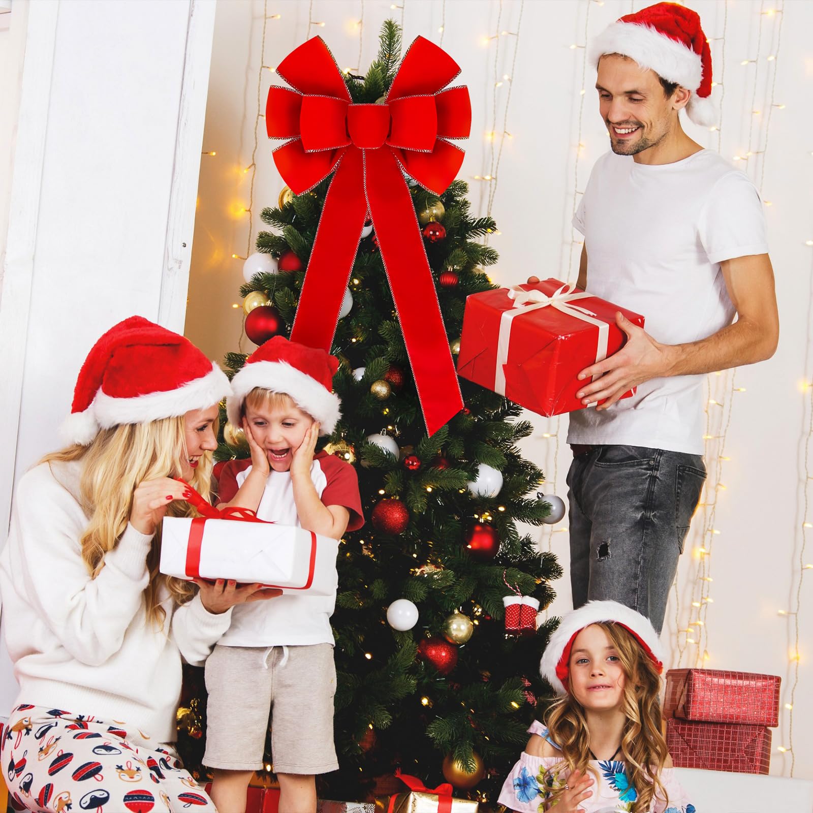 Lyrow 12 lazos grandes de Navidad rojos de 26 x 12 pulgadas, lazos de terciopelo rojo para corona de Navidad, lazo para decoración de árbol de Navidad con borde dorado con purpurina para fiestas en
