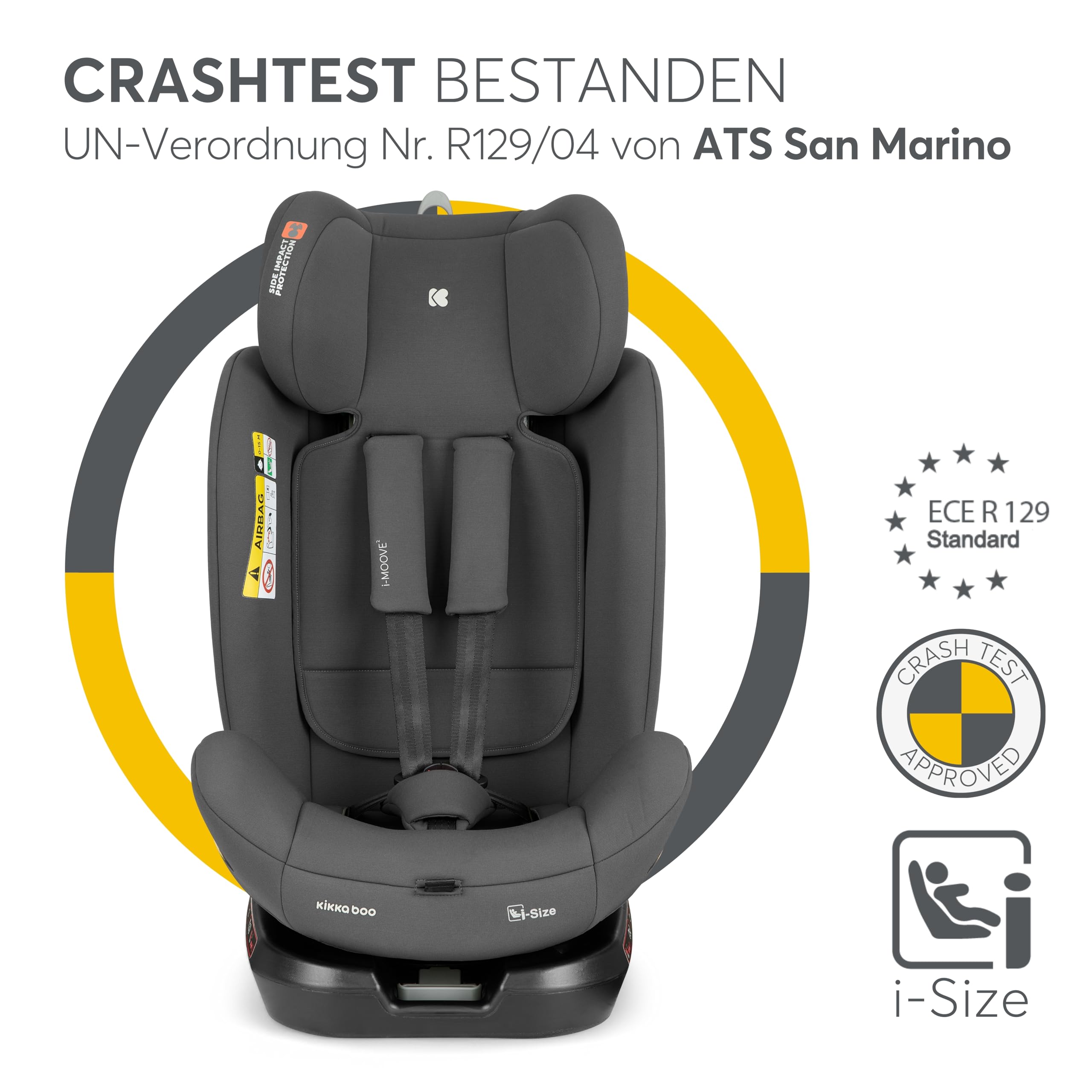 KikkaBoo Kindersitz 9-36 kg mit ISOFIX & 360° Drehung i-MOOVE 2, i-SIZE, 40-150 cm Reboarder, Rückwärts/Vorwärtsgerichtet, Verstellbare Kopfstütze, Liegefunktion, Dunkelgrau
