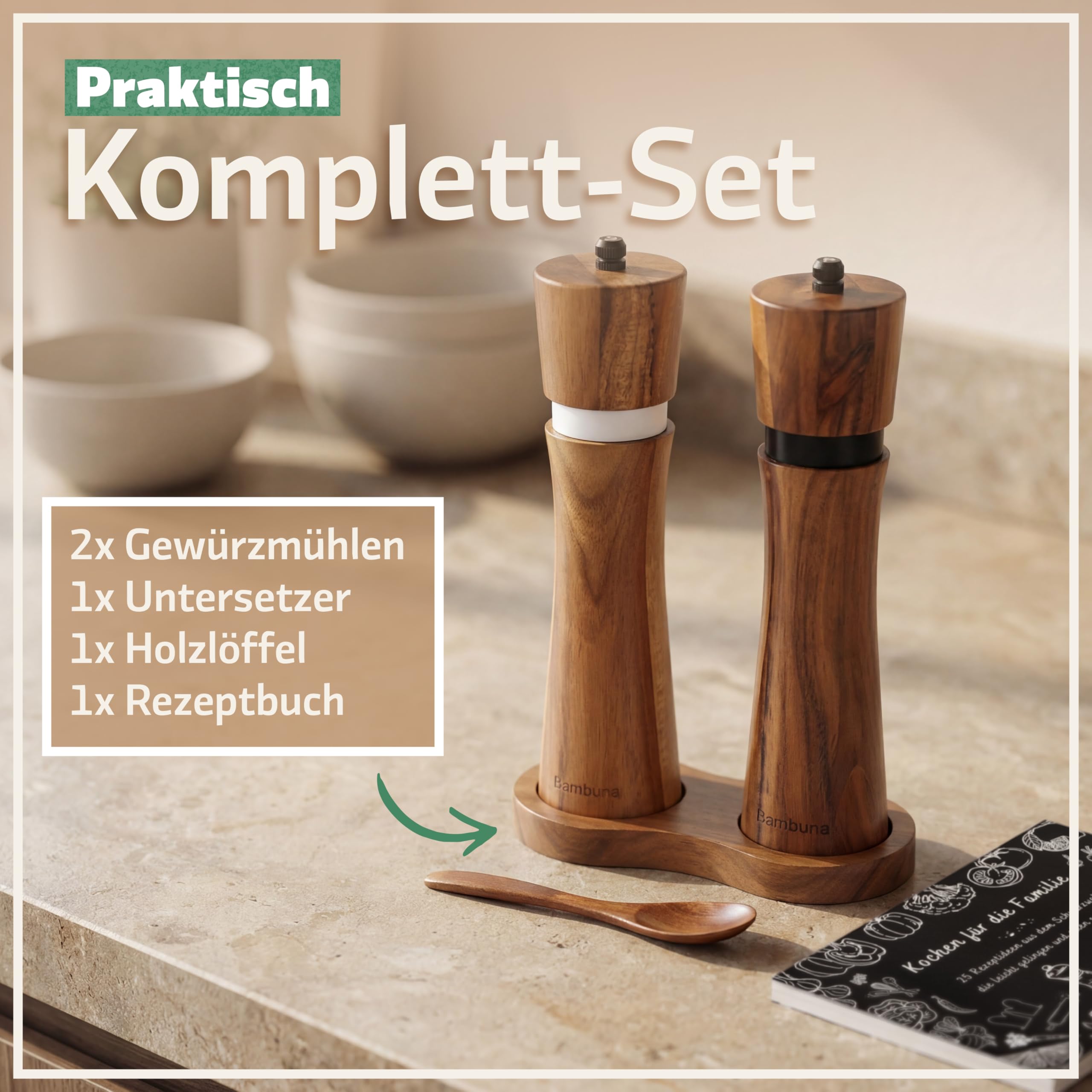 BAMBUNA 2er-Set Gewürzmühlen | Akazienholz | Keramikmahlwerk | einstellbarer Mahlgrad grob bis fein | manuelle Pfeffermühle und Salzmühle mit Edelstahlkern | inkl. Untersetzer, Holzlöffel, Rezeptbuch