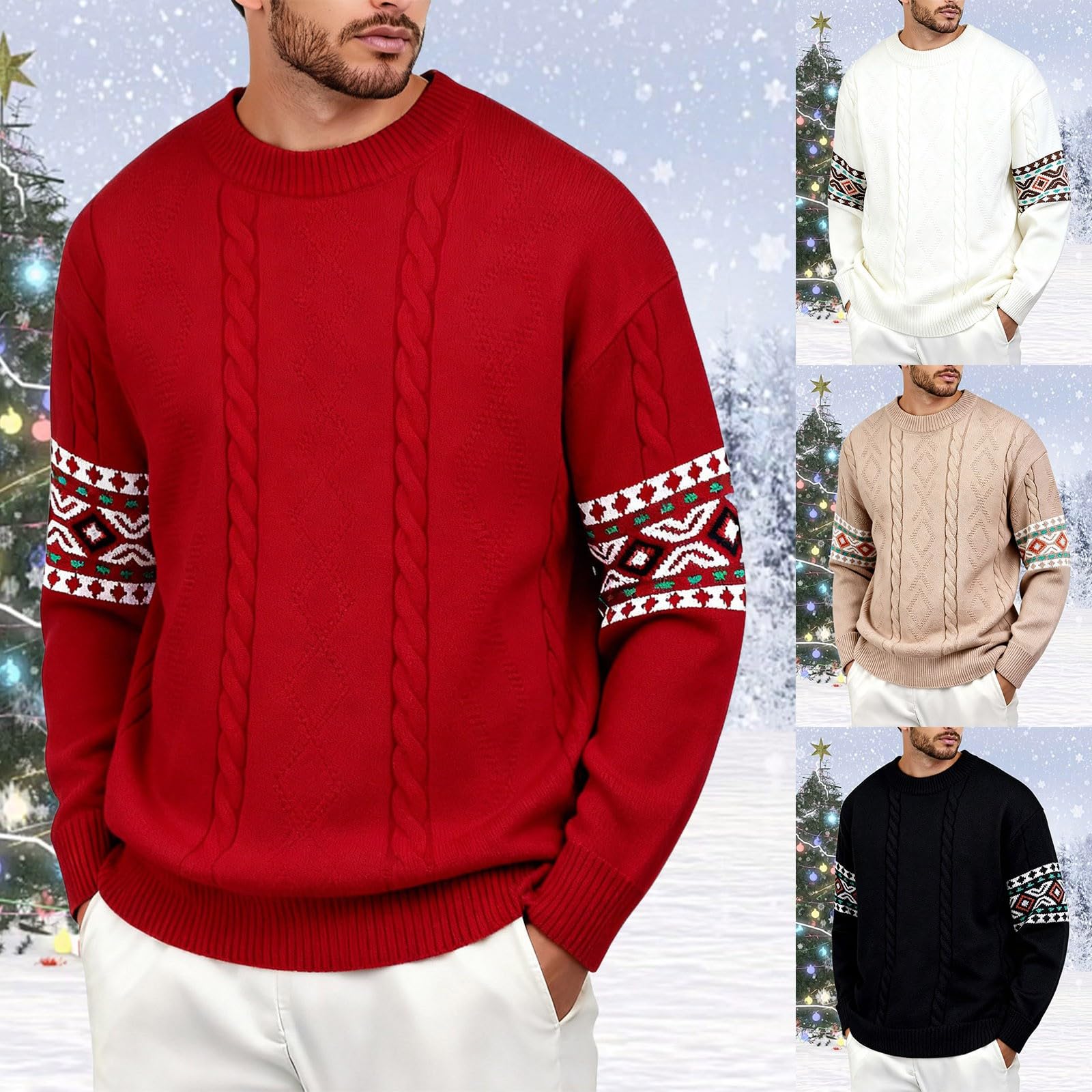 Generisch Maglione natalizio da uomo, girocollo, maglione natalizio, maglione a maniche lunghe, maglione termico per Natale, maglione a maniche lunghe