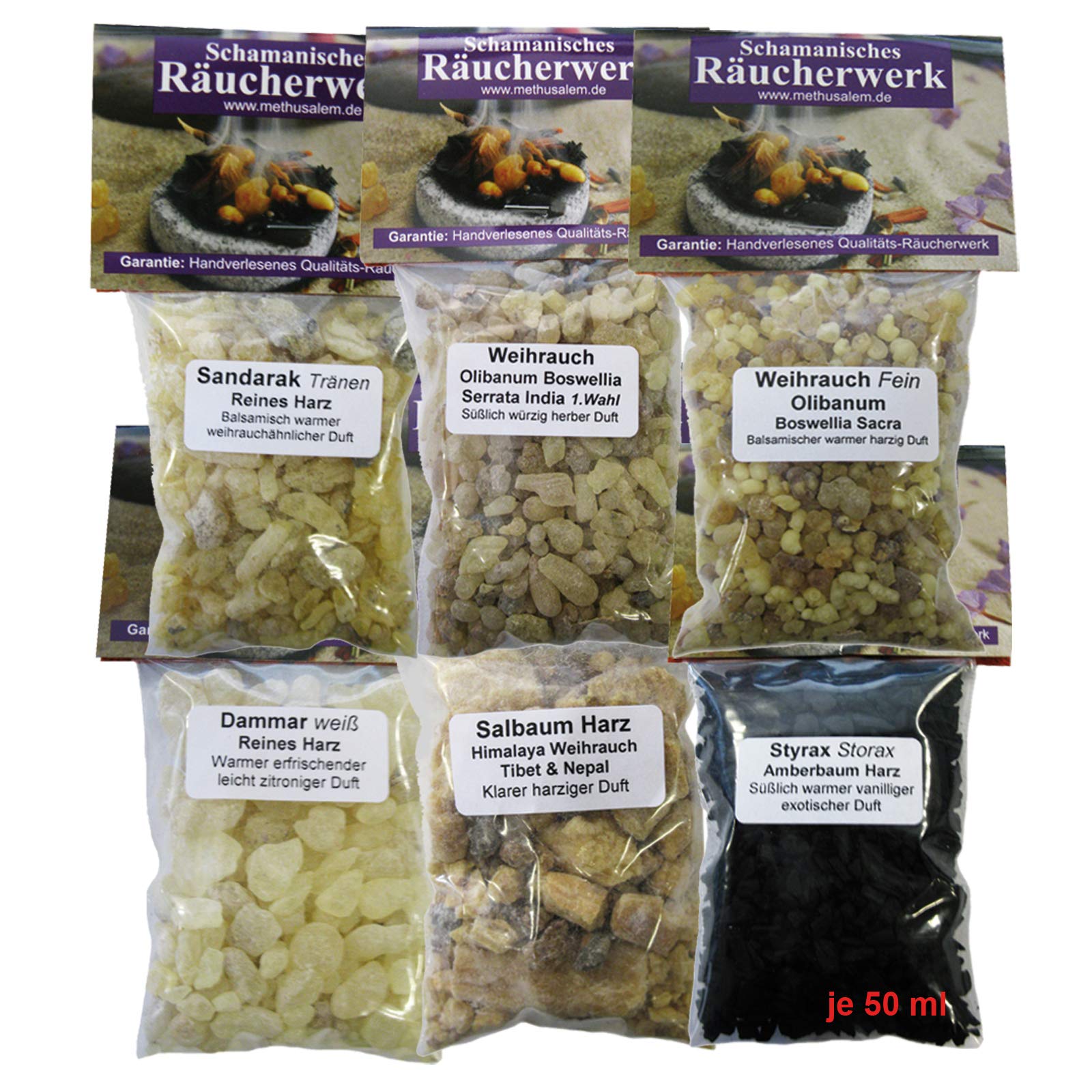12 x Reine HARZE zum räuchern a 50ml (600ml) 16-TLG RÄUCHERSORTIMENT mit WEIHRAUCH, MYRRHE, Dammar, KOPALHARZ, Styrax, BENZOE, SAL UVM. Mit Kohle, Anleitung, 4 x ZUBEHÖR 81900-5
