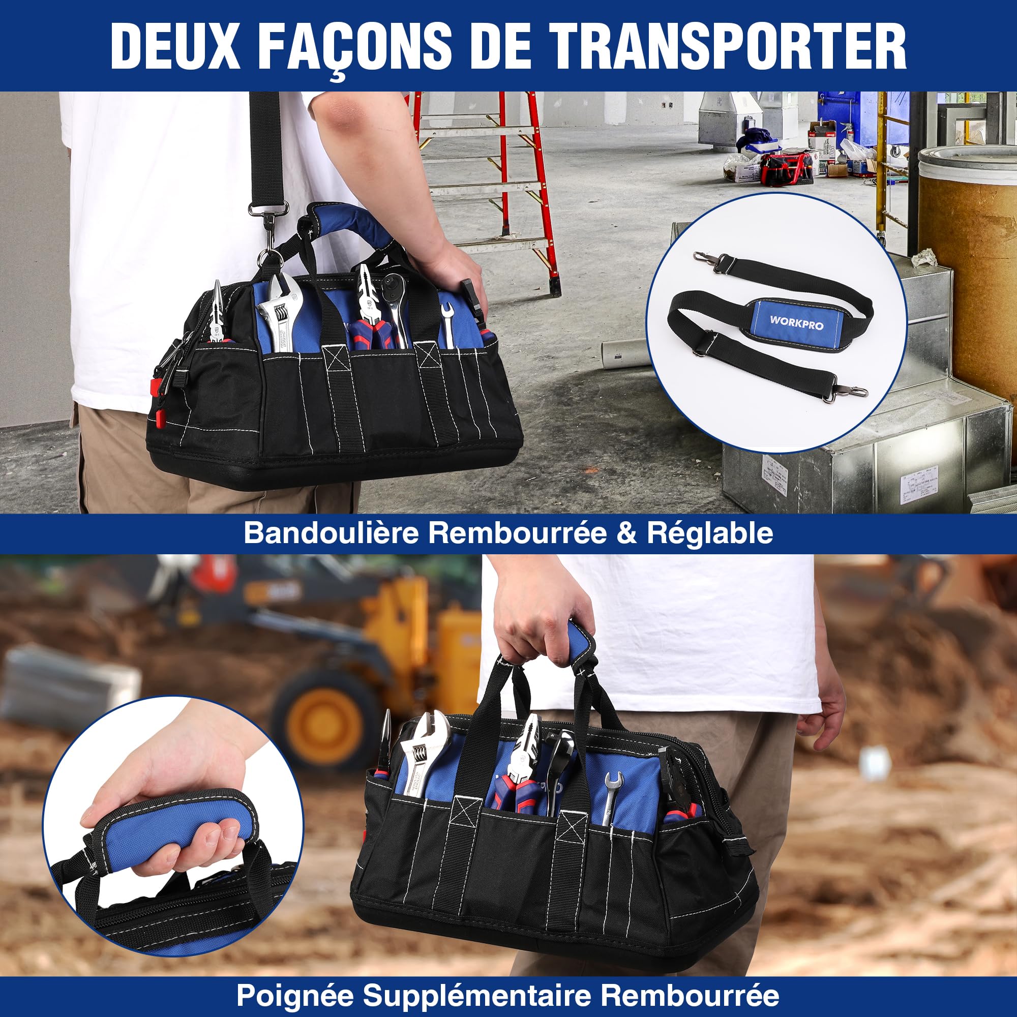 WORKPRO Sac à Outils avec Grande Capacité et Fond Dur Sac Porte-outil 40 cm