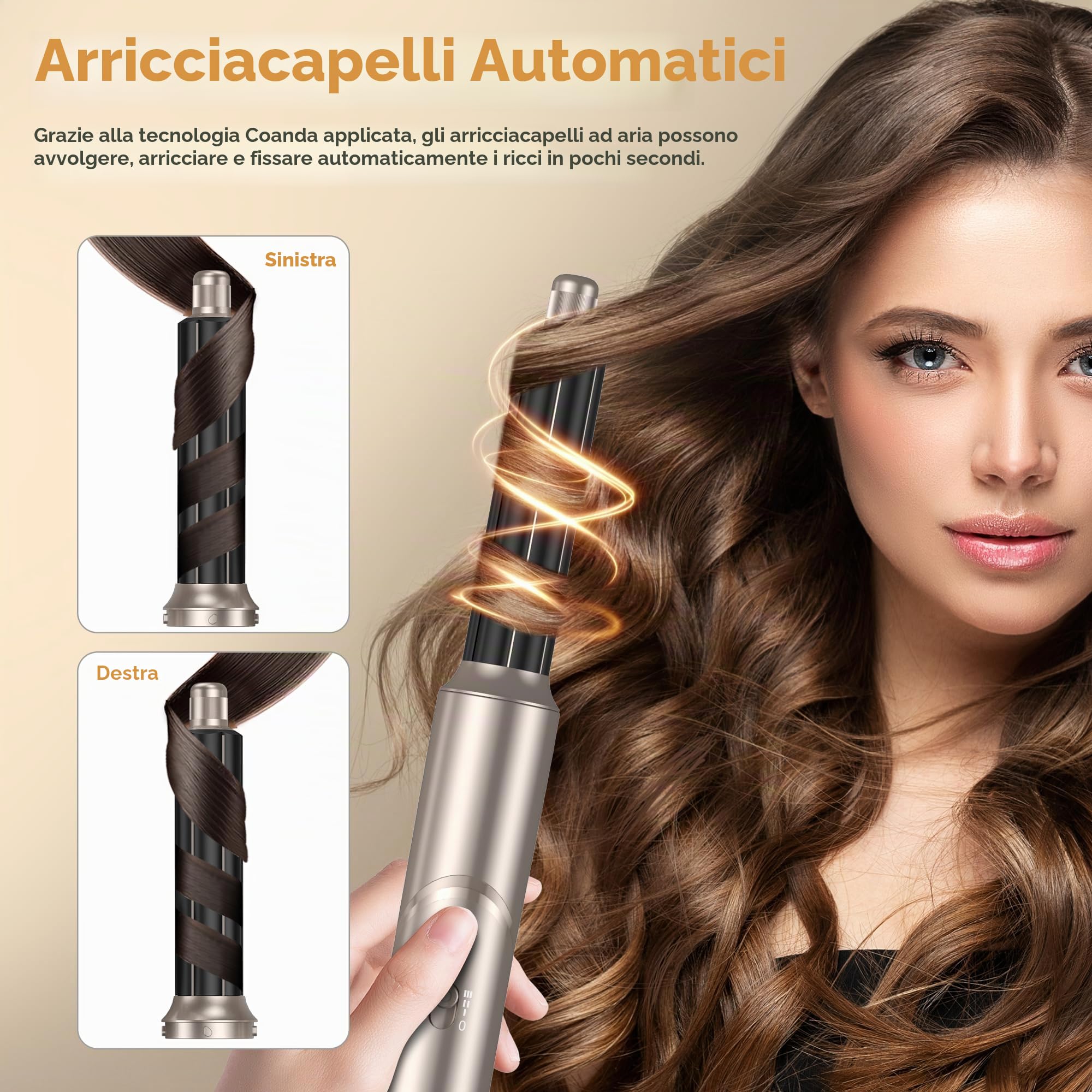 Modellatori Capelli Spazzola Ad Aria Calda con Diffusore, 6 in 1 Air Styler Spazzola Asciugacapelli, Hairstyler Phon Capelli con Arricciacapelli Ad Aria Volumizzante Spazzola Lisciante, Platino-oro