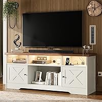 Casaottima 65-Inch Farmhouse TV Stand with LED Lights, Power Outlet, Storage Cabinets - White Entertainment Center for Living Room