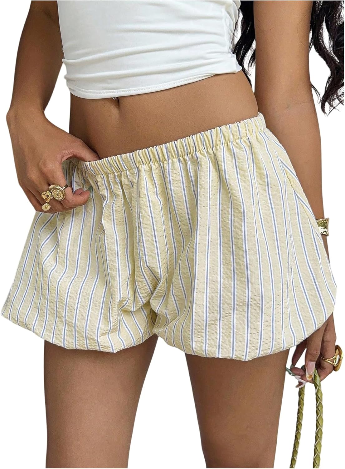 SOLY HUX Women's Y2k Striped Bubble Shorts Elastic Low Rise Puffy Balloon Summer Mini Shorts