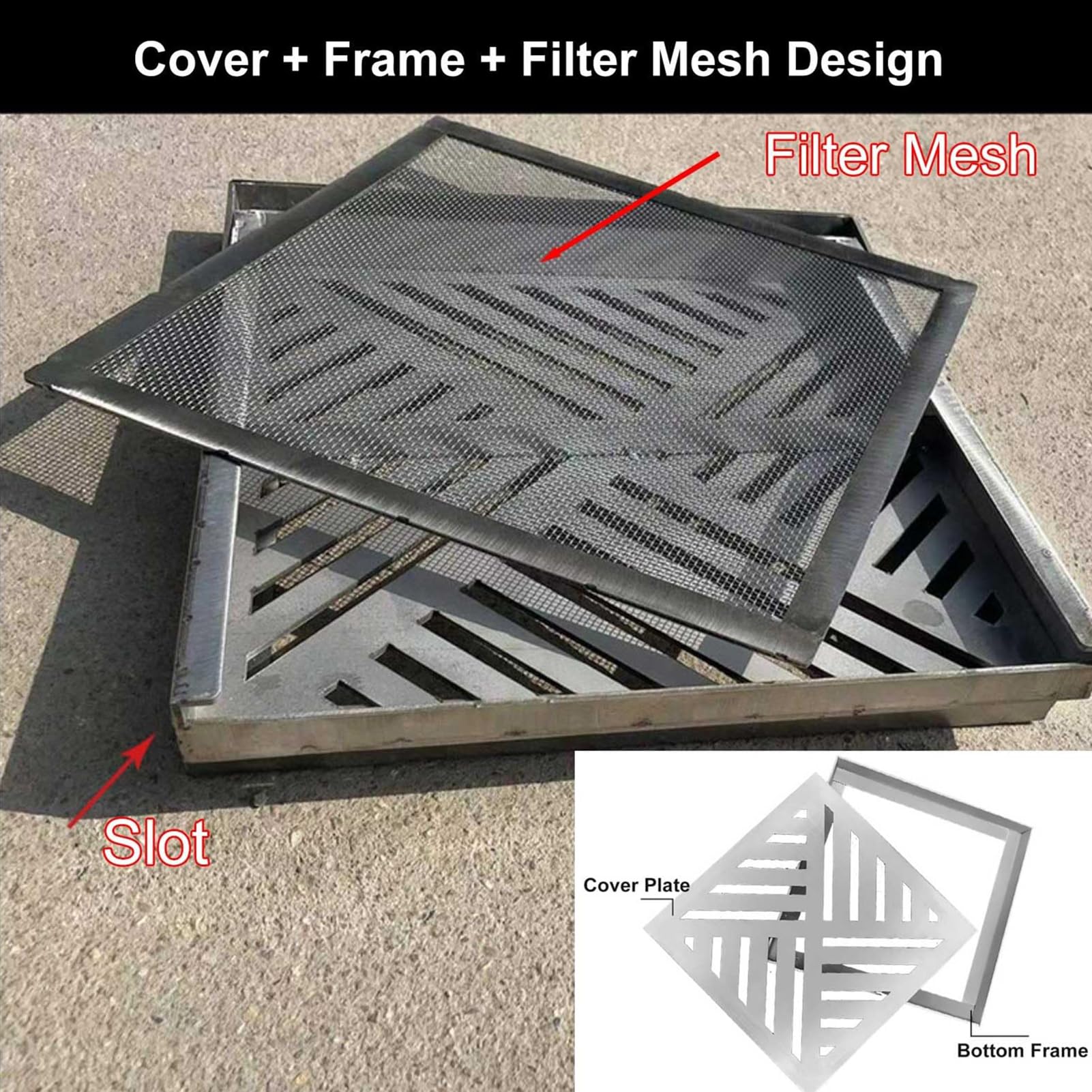 GAOXIAO Cubiertas de Drenaje para Exteriores, Rejilla de Drenaje Cuadrada con Base, Tapa Desague Terraza Ducha Jardin, Drenaje de Zanja de Acero Inoxidable Invisible Patio 45cm/18in