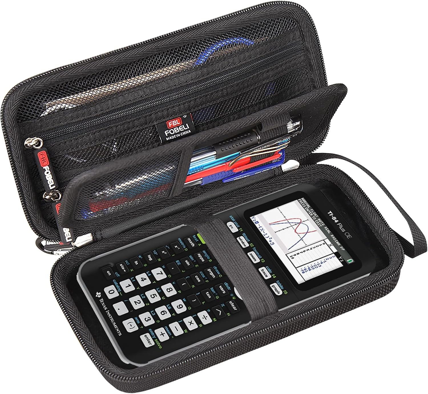 FBLFOBELI Hard Case for Texas Instruments TI-84 Plus CE/TI-84 Plus/TI-83 Plus/Casio fx-9750GIII Color Graphing Calculator, Mesh Pocket for Pens, Cables and Other Accessories (Case Only) (Black)