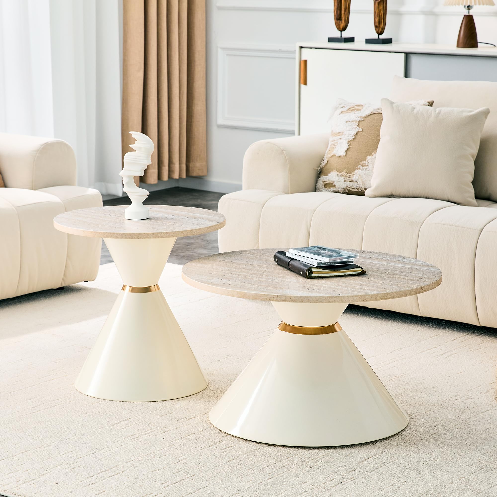 2er Set Couchtisch Rund, Nesting Couchtisch mit Melamin-Tischplatte, Wohnzimmertisch mit Goldakzenten, Sofatisch für Wohnzimmer und Schlafzimmer & Büro, Cremeweiß