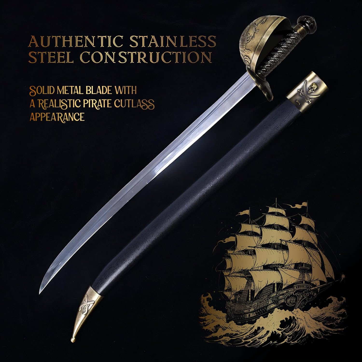 Caribbean Pirate Cutlass Sword Replica - Adult Caribbean Pirate Cosplay Prop with Stainless Steel Cutlass Blade Basket Hilt Guard Scabbard for Costume & Display