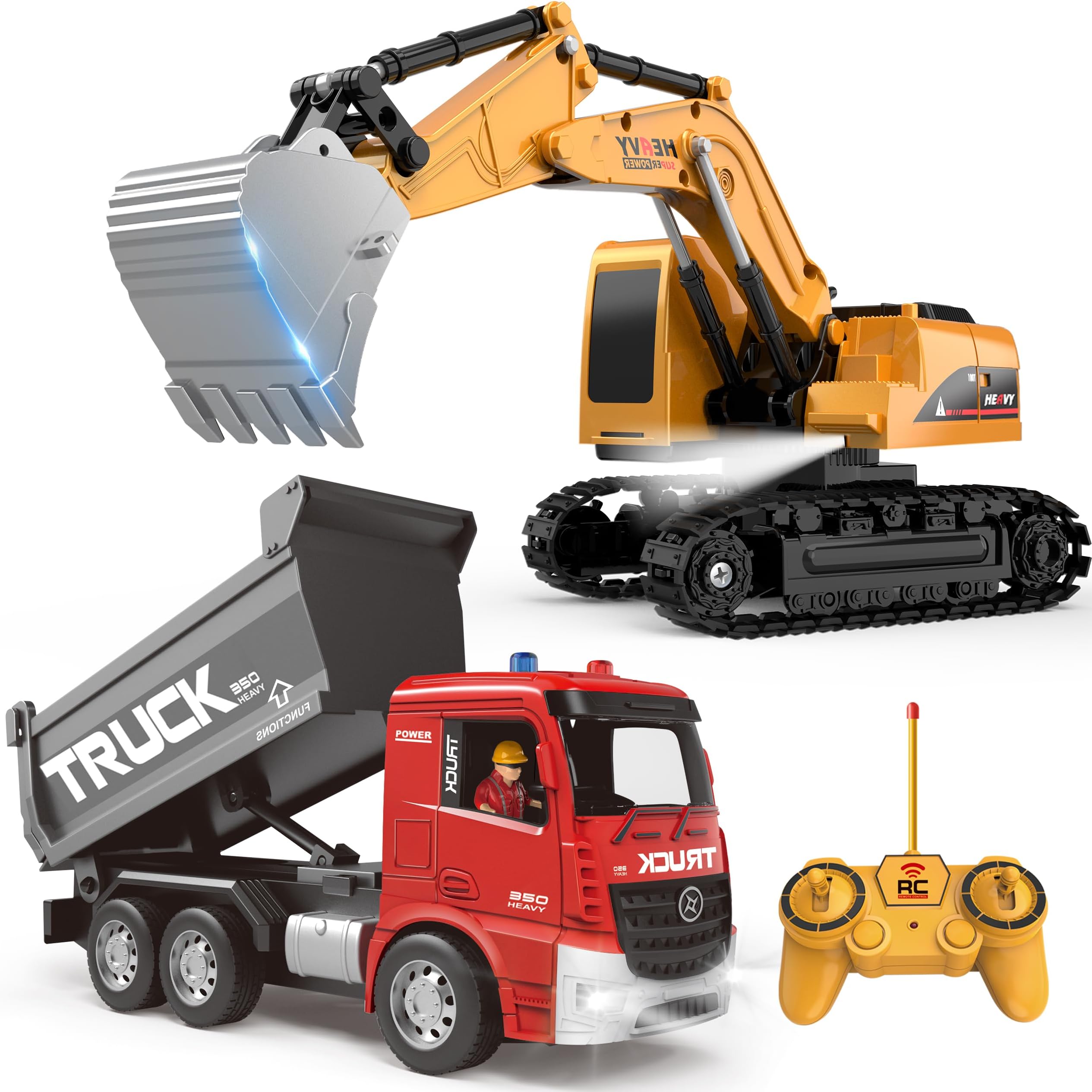 Remote Control Excavator and Dump Truck Toy Set - RC Construction Vehicles Toy with Lights and Sounds, Present for Toddlers 6-12 Year Boys Girls