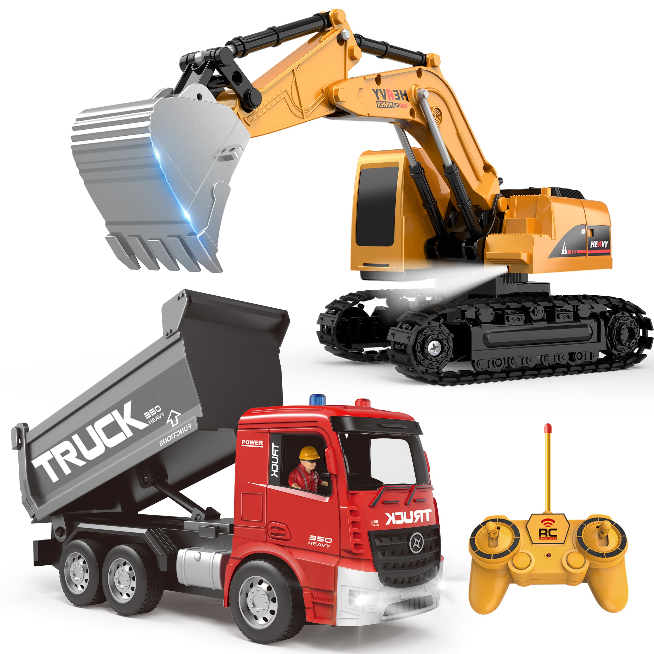 Remote Control Excavator and Dump Truck Toy Set - RC Construction Vehicles Toy with Lights and Sounds, Present for Toddlers 6-12 Year Boys Girls