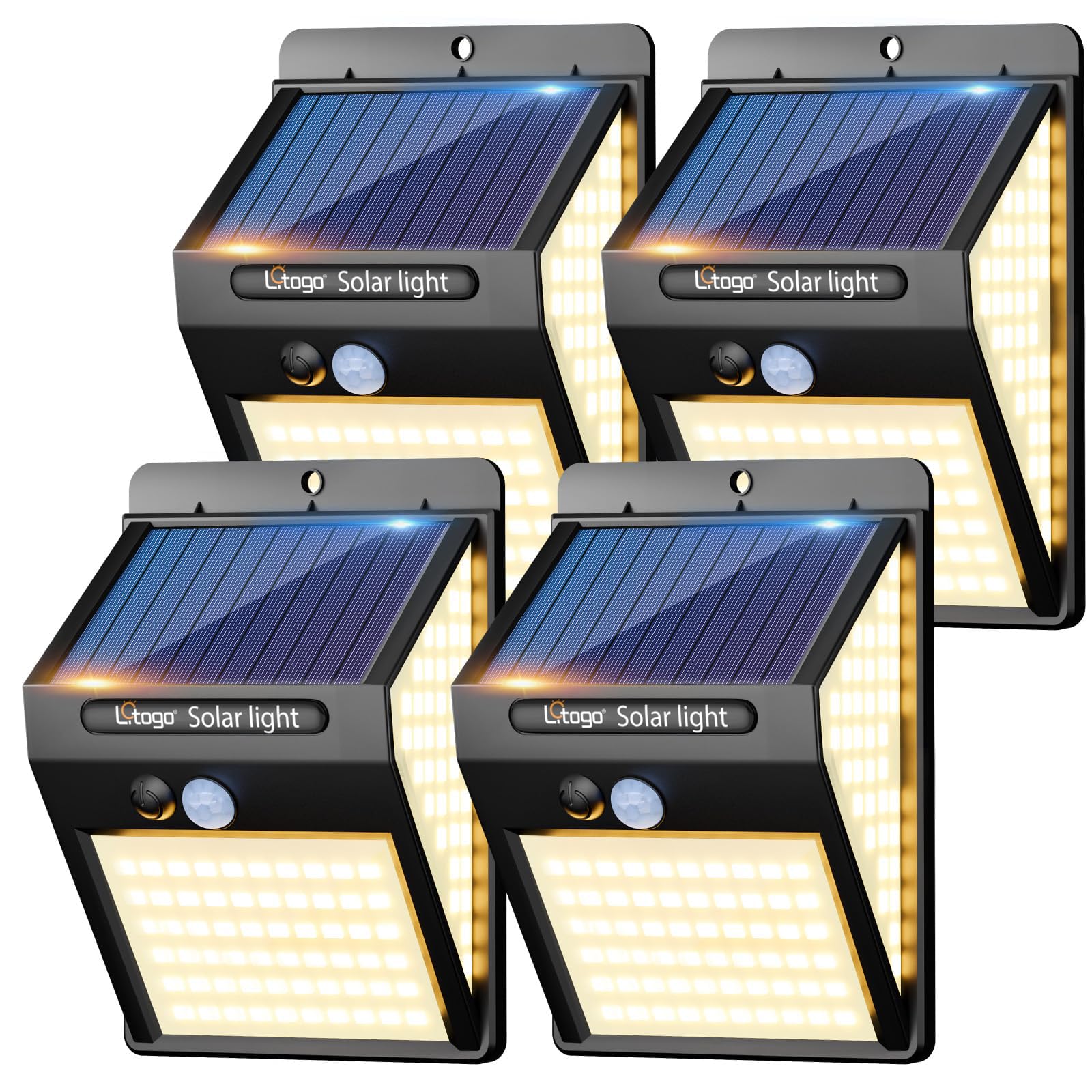 [4 Pack] 140LED Solar Security Lights Outdoor, Solar Motion Sensor Lights 270ºWide Angle Waterproof Solar Powered Durable Wall Lights Outside 3 Modes for Garden Fence Door Yard Pathway ,Warm White