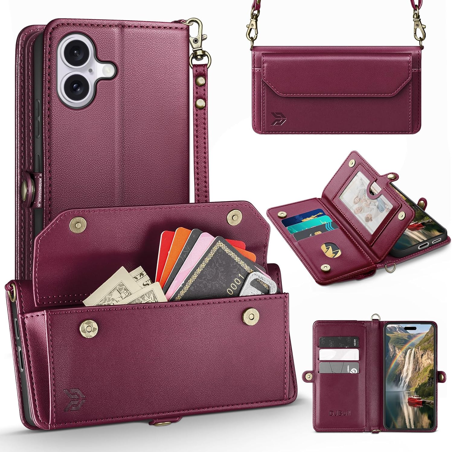 DJBull for iPhone 17 6.3" Wallet Case with Card Holder, Shoulder and Wristlet Straps, Soft PU Leather, Magnetic Snap, Flip Phone Case for Women Men for Apple 17 Wine Red