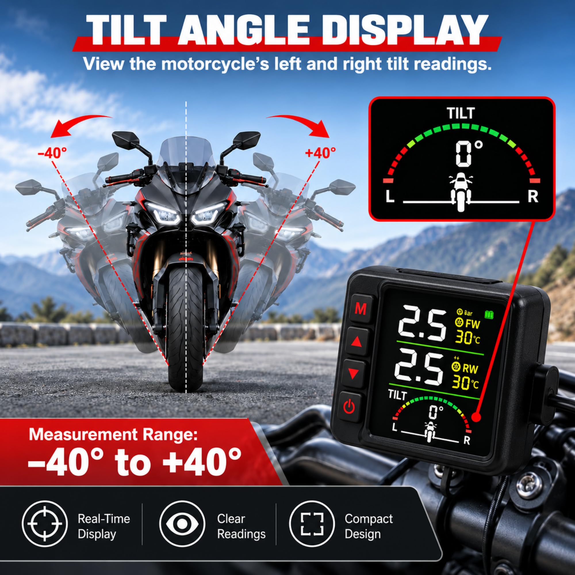 Motorrad-Reifendruckkontrollsystem, LCD, 2 Außensensoren