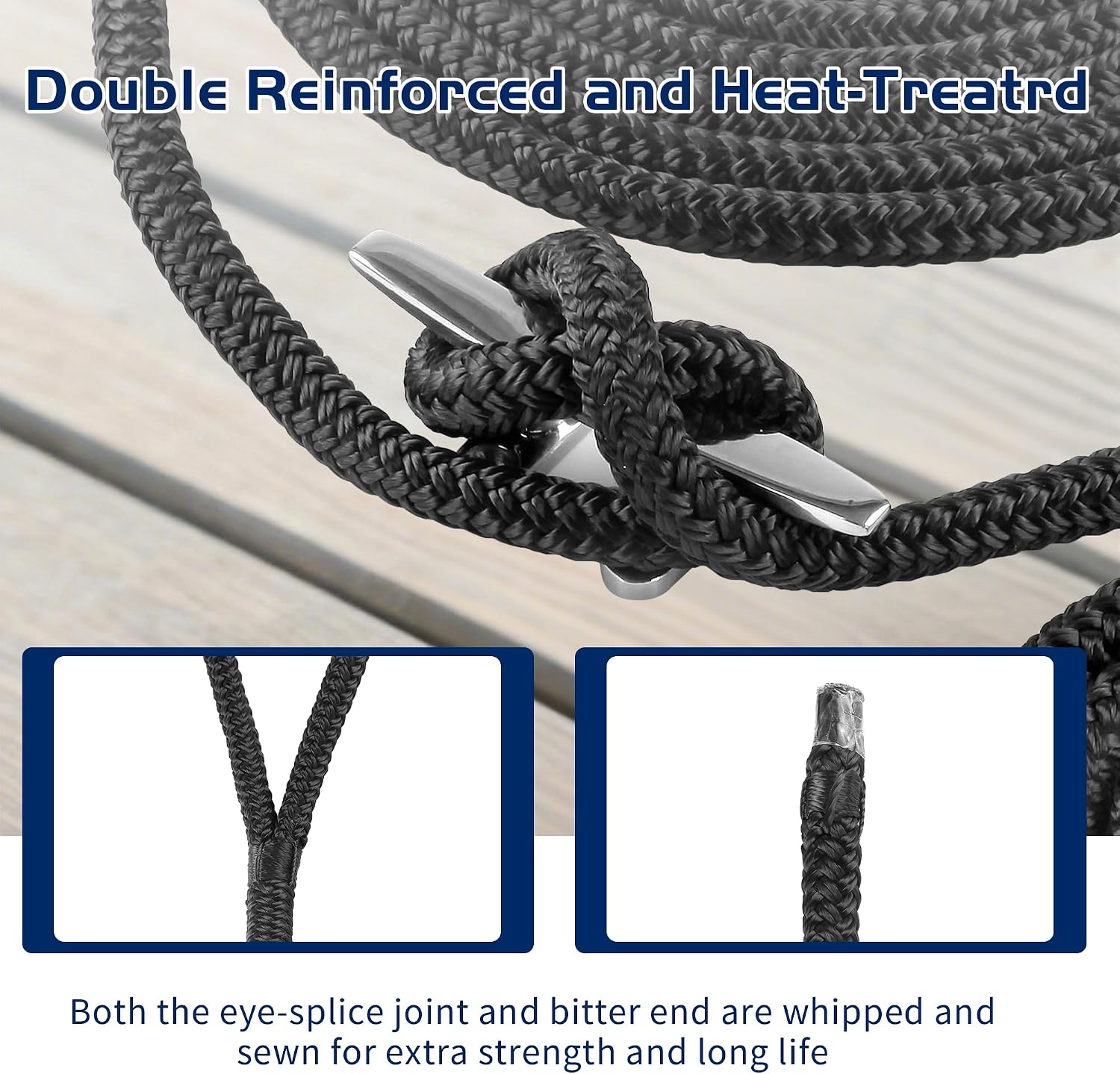 1/2" x 15' Dock Line, Marine Grade Nylon Boat Rope with 12" Loop for Mooring and Docking, Premium Double Braided Abrasion Resistant Soft Handling Boat Accessories, Black 2Pack