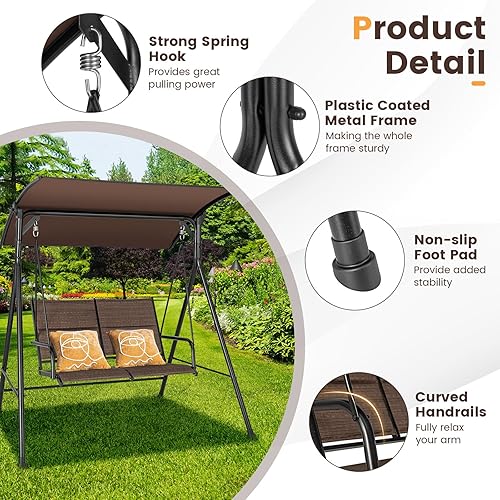 Miniatura 8 de Tangkula Columpio de porche para 2 personas, columpio de patio con toldo ajustable, asiento acolchado, pasamanos curvos y marco de metal resistente,