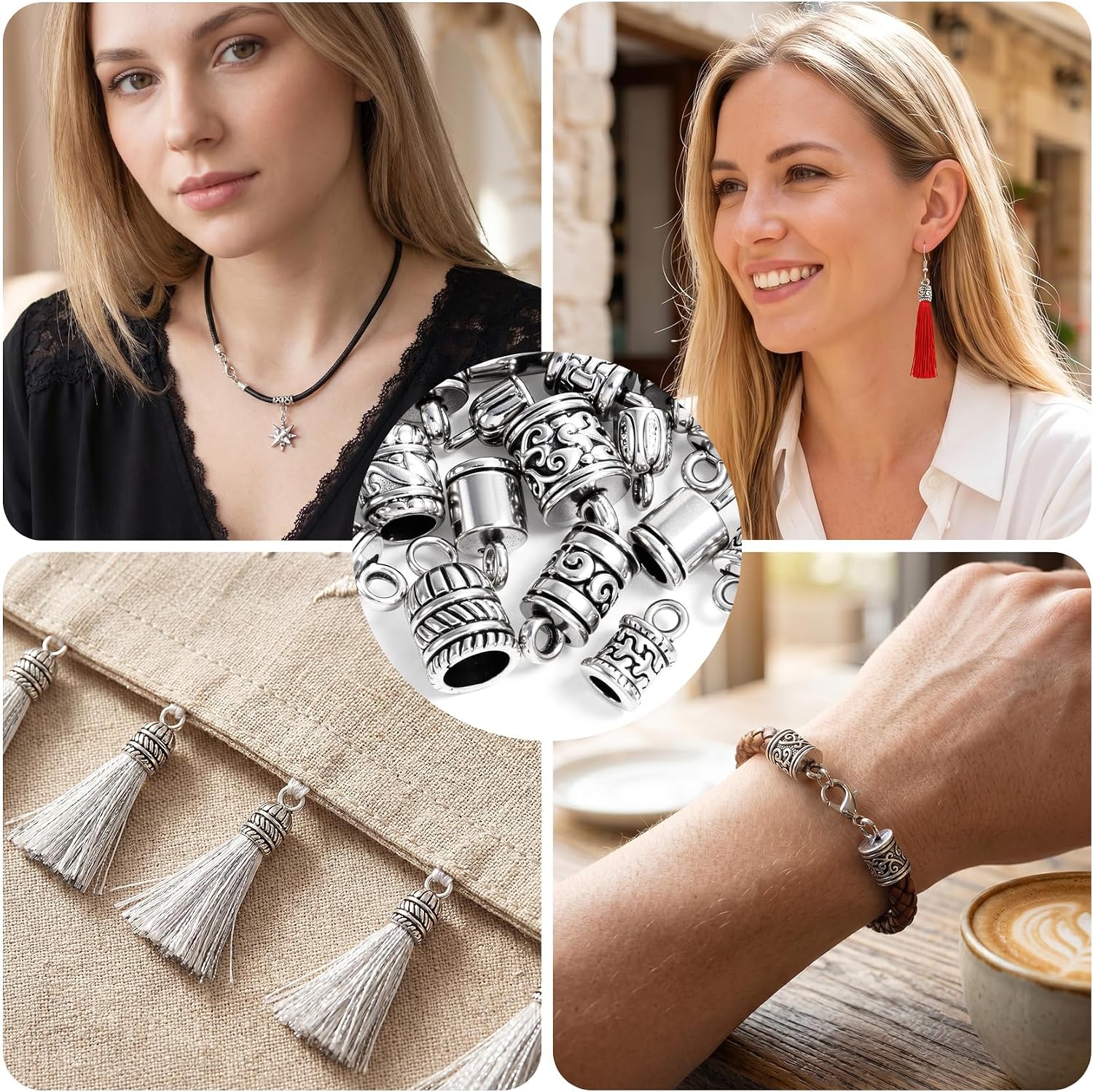 112pcs Cord End Caps, 8 Styles Metal Tibetan Cord End Caps with Lobster Clasp Crimp Beads for Jewelry Making, DIY Crafts, Bracelet, Necklace, Earrings, Anklet (Steel Color)