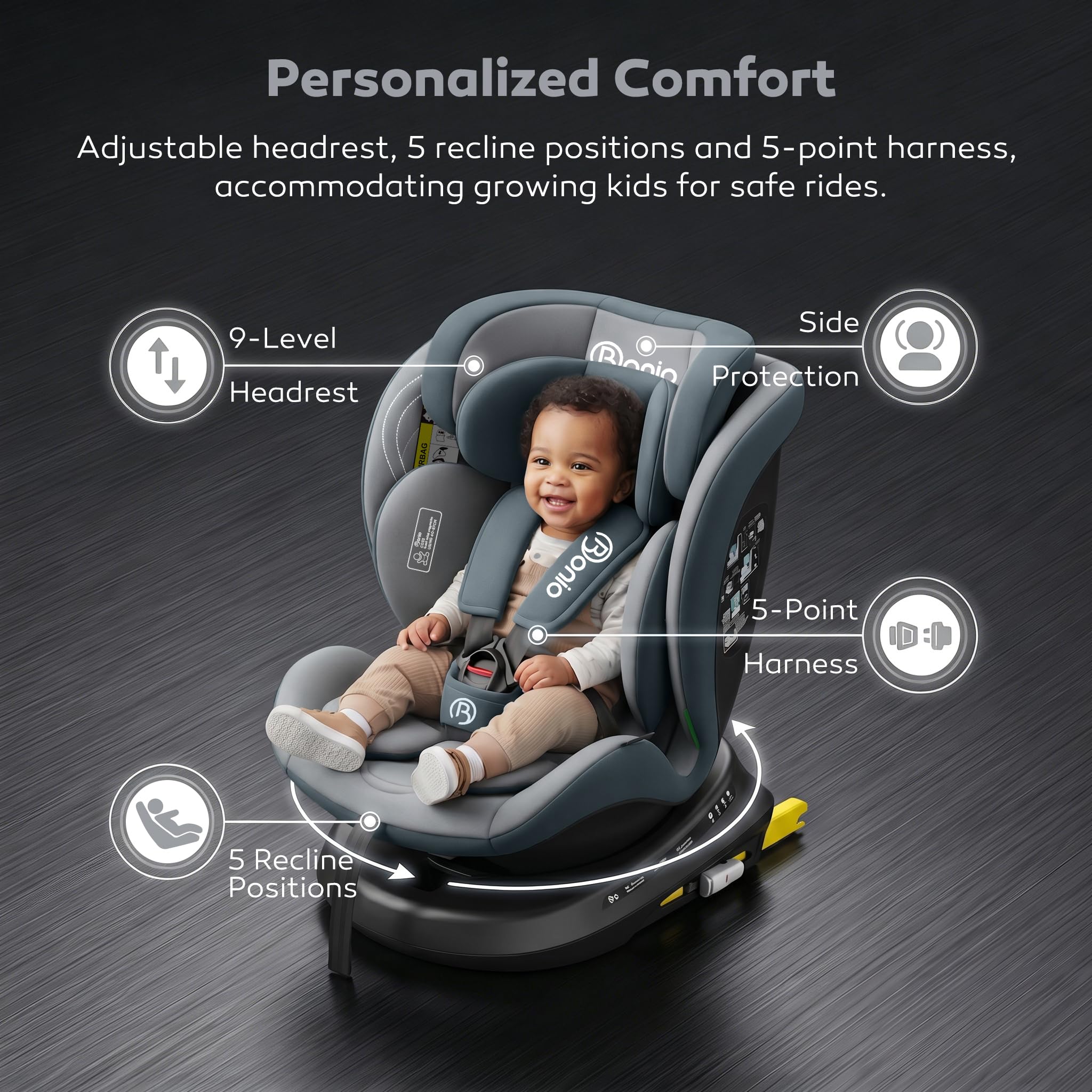 Bonio Kindersitz I-SIZE 40-150 cm 360 grad drehbar mit Isofix (Grau) | bis 105 cm Reboarder ab Geburt 0-12 Jahre, 0-36kg, 5 Sitz- und Ruhepositionen Praktisch