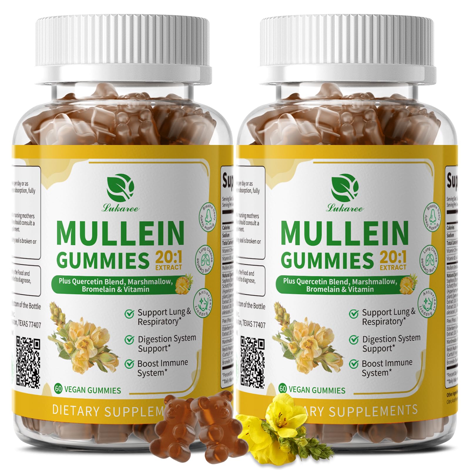 - (2 Pack) 9 in 1 Mullein Gummies for Lung Cleanse & Lymphatic Drainage*, Extra Strength Mullein Leaf Extract w/Quercetin, Bromelain, Elderberry & Marshmallow for Respiratory & Immunity,Vegan,120 Count