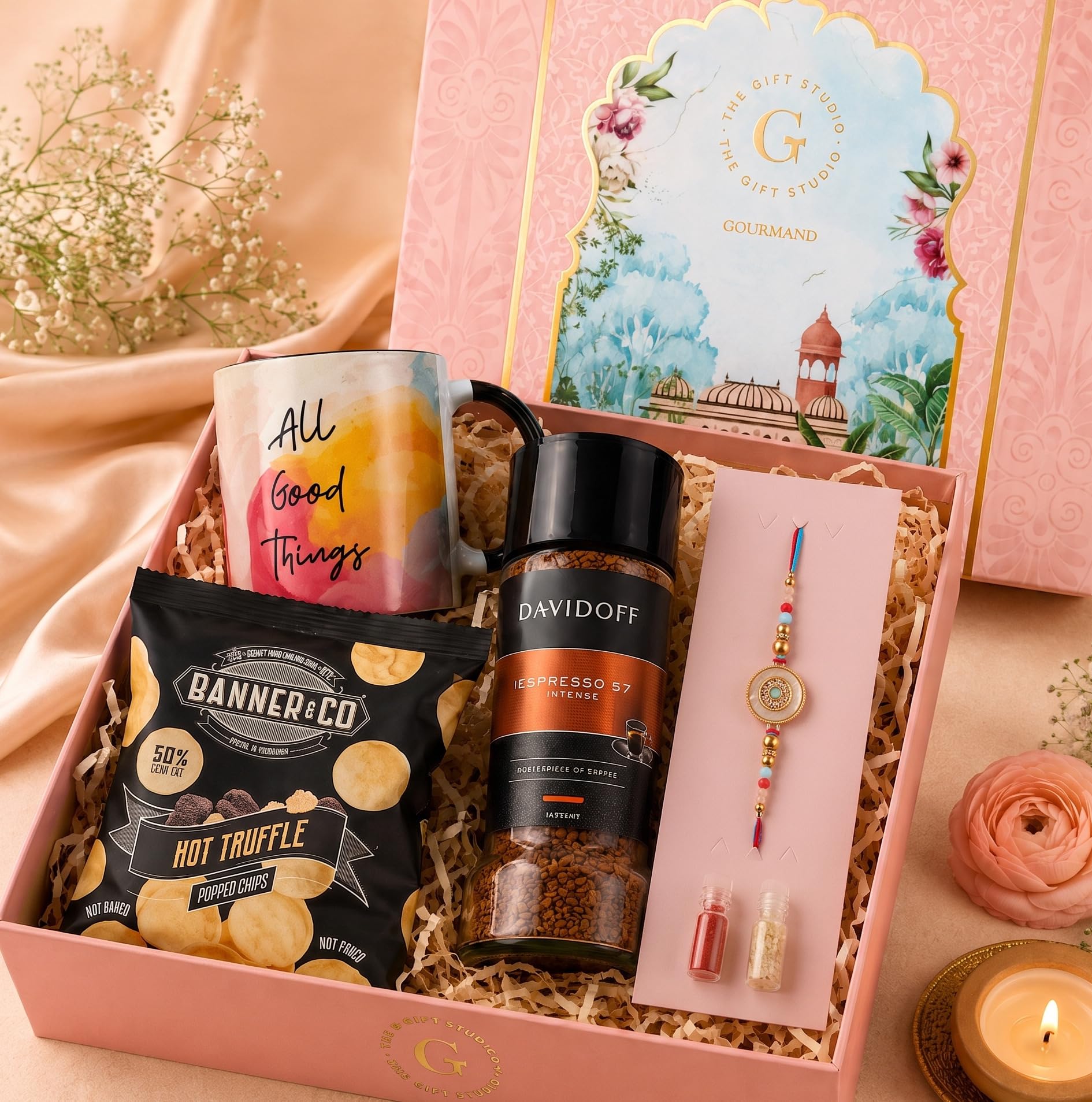 THE GIFT STUDIO.COM | Luxury Rakhi Gift Hamper for Brother | Celestial Grace Rakhi, Espresso Coffee, Banner & Co Hot Truffle Chips & Premium Mug | Rakhi Gift Hamper-image-46