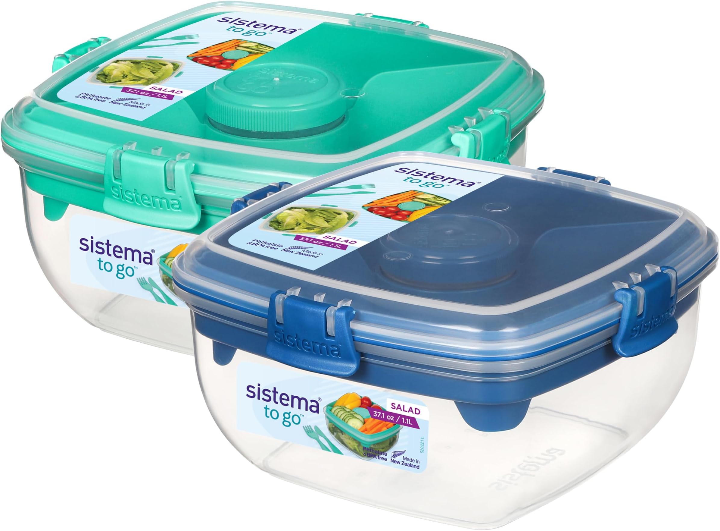 To Go 1.1L (2-Pack) Salad Box Food Storage Containers, Portable Salad Boxes with Removable Dividers & Dressing Container, Two 1.1L Containers, Freezer, Microwave, & Dishwasher-Safe, BPA-Free