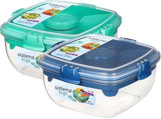 Sistema To Go 1.1L (2-Pack) Salad Box Food Storage Containers, Portable Salad Boxes with Removable Dividers & Dressing Container, Two 1.1L Containers, Freezer, Microwave, & Dishwasher-Safe, BPA-Free