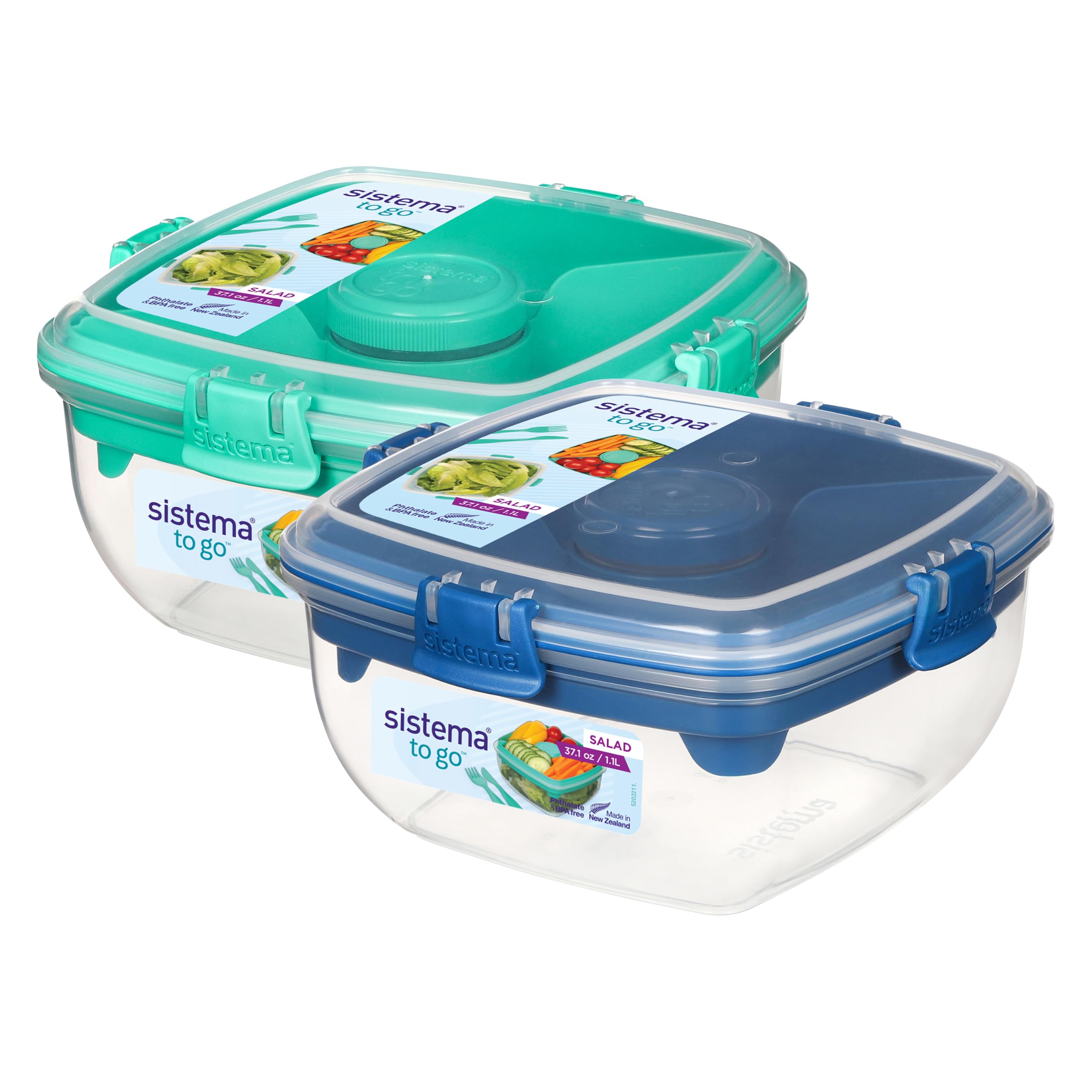 To Go 1.1L (2-Pack) Salad Box Food Storage Containers, Portable Salad Boxes with Removable Dividers & Dressing Container, Two 1.1L Containers, Freezer, Microwave, & Dishwasher-Safe, BPA-Free