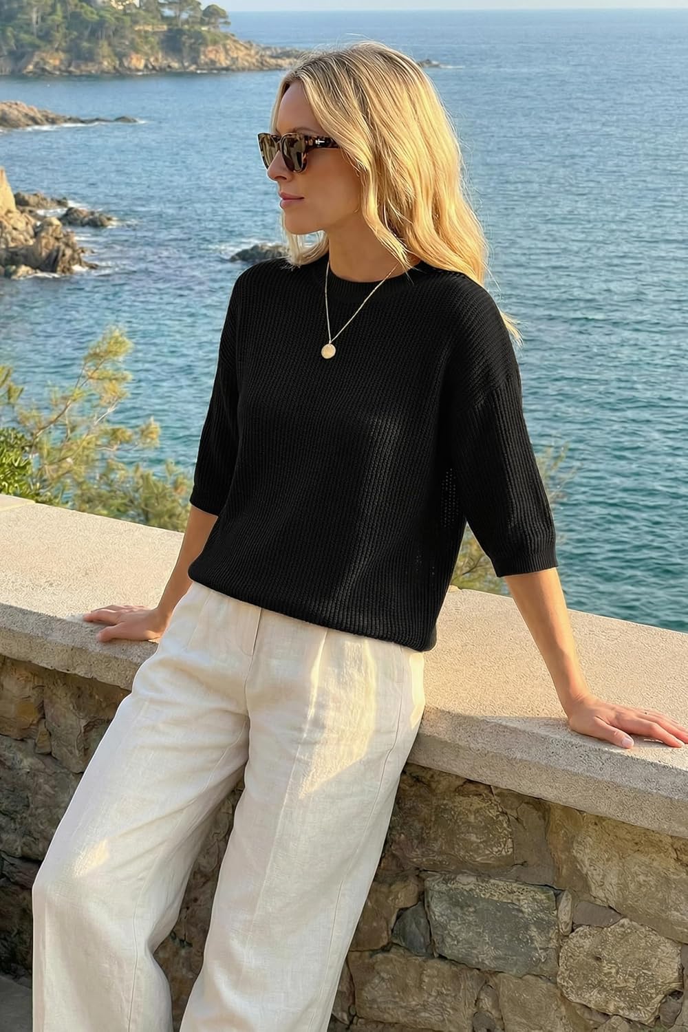 Arach&Cloz Womens 100% Cotton 3/4 Length Sleeve Sweater Crochet Tops Shirts Casual Blouses Resort Wear Summer 2026 - Image 6