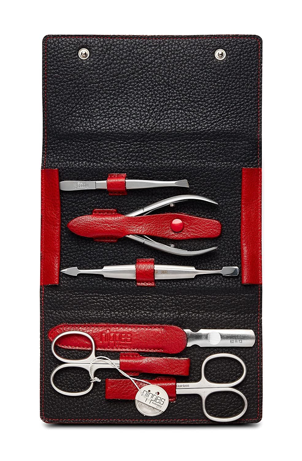 nippes Solingen Premium Line Wild Red, 6-częściowy zestaw do manicure, stal nierdzewna, nie zawiera niklu, etui ze skóry bydlęcej z zatrzaskami, czerwony/czarny, zestaw do pielęgnacji paznokci, Made
