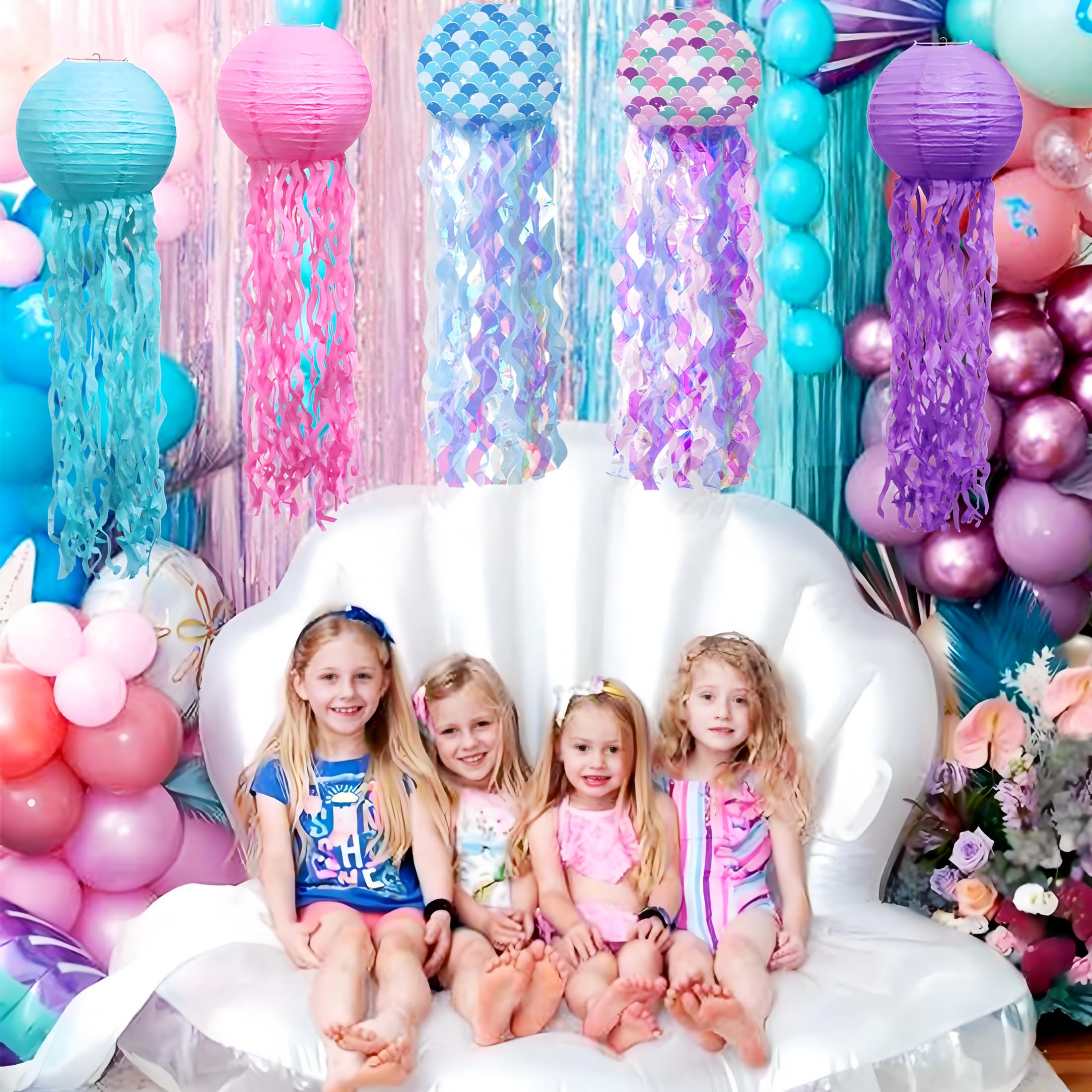 5pcs Colorful Hanging Jellyfish Paper Lanterns - Gradient Ocean-Themed Decor for Mermaid Party, Under The Sea Nursery Room, Wedding Birthday Party Decorations Pack Bulk