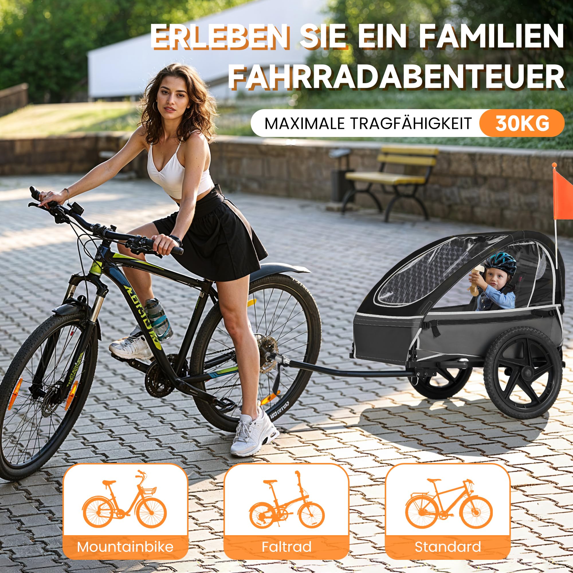 Remorque de vélo pour enfant - Siège ergonomique - Montage facile - Pliable - Avec pneus pneumatiques et sacs de rangement