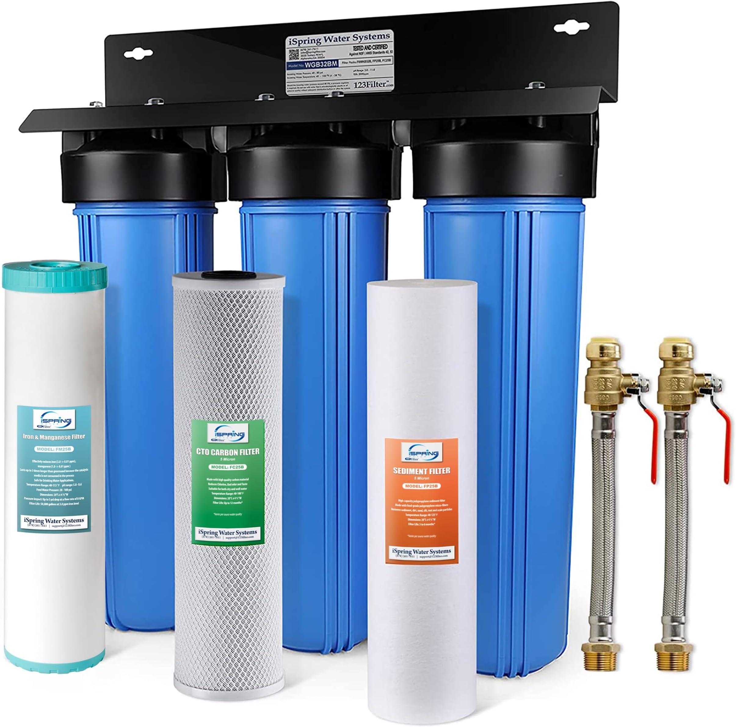 WGB32BM 3-Stage Whole House Water Filtration System (w/ 20” x 4.5” Sediment, Carbon, and Iron & Manganese Reducing Filters) w/ 3/4'' Push-Fit Braided Stainless Steel Hose Connectors
