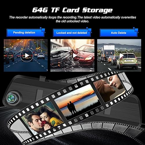 Miniatura 7 de NHOPEEW Cámara de espejo retrovisor, pantalla LCD IPS de 4 pulgadas, cámara de tablero de 1080P, cámara dual frontal y trasera con tarjeta TF de