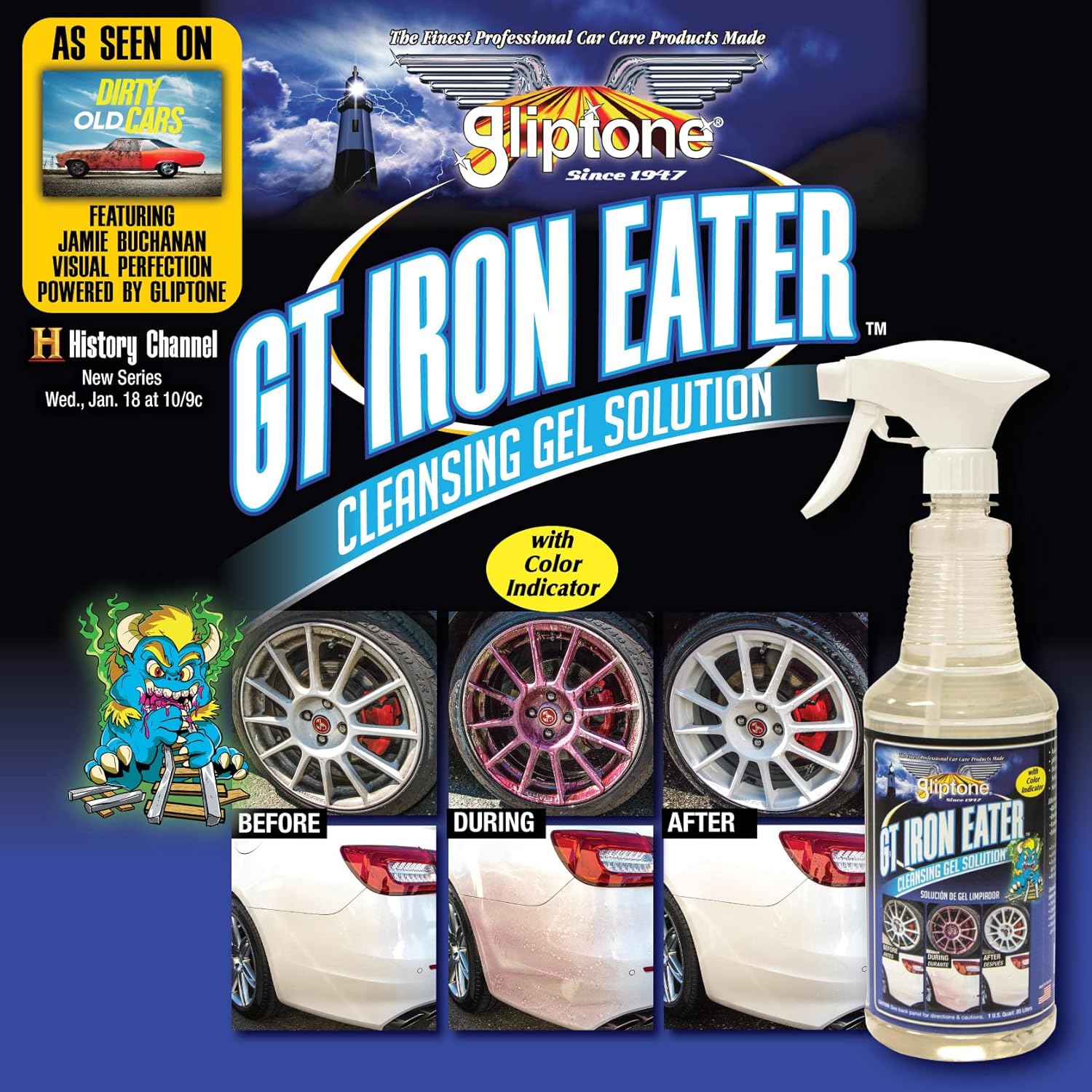 Gliptone GT Iron Eater pH Neutral Wheel Cleaner Gel, Fast Acting, Color Changing Formula for Safe and Powerful Brake Dust & Iron Deposit Removal, Acid-Free Surface Contaminant Remover, 32 Fl Oz