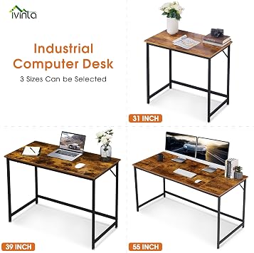ivinta Computer Desk, Industrial Home Office Desk with Metal Frame, 40 Workstation for Small Spaces Living Room Bedroom Single (Vintage, Easy Assemble)