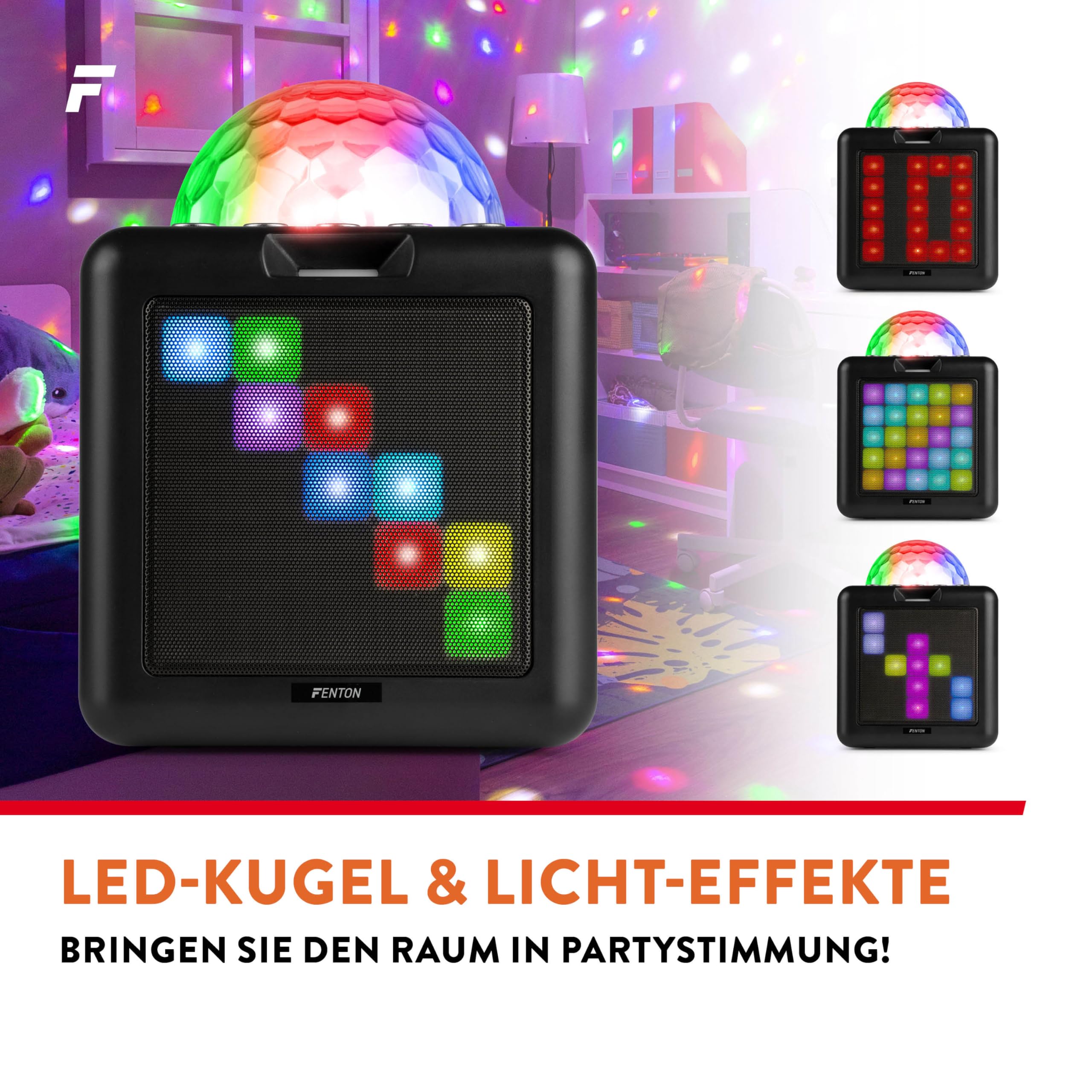 Fenton KAR15B Mobile Karaoke Maschine Kinder mit 2 Mikrofonen, Bluetooth, Akku, LED-Lichteffekte, Echo-Modi & AUX-Eingang - Tragbare Karaoke Box mit USB-C-Kabel, ideal für Partys & Duette - Schwarz