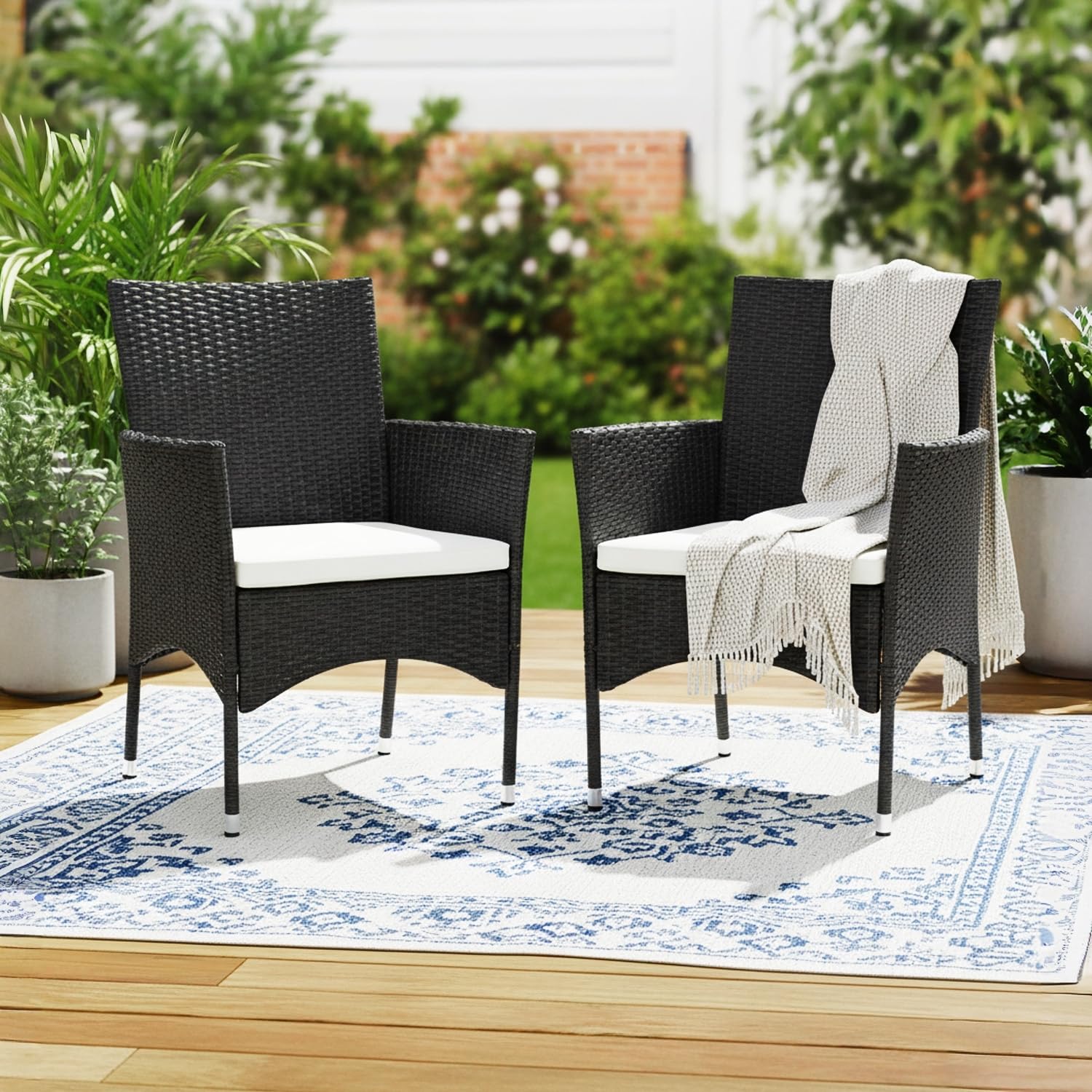 Wicker & Rattan Outdoor Patio Dining Arm Chair With Cushion For Garden, Balcony, Terrace, Poolside, Lawn, Backyard (Black & White ), 83.82 cm, 55.88 cm, 58.42 Cm-image-17