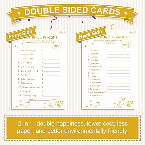 Miniatura 5 de Juegos de baby shower para niño o niña, 2 juegos (50 de cada uno), doble cara, cartón grueso, con teclas de respuesta