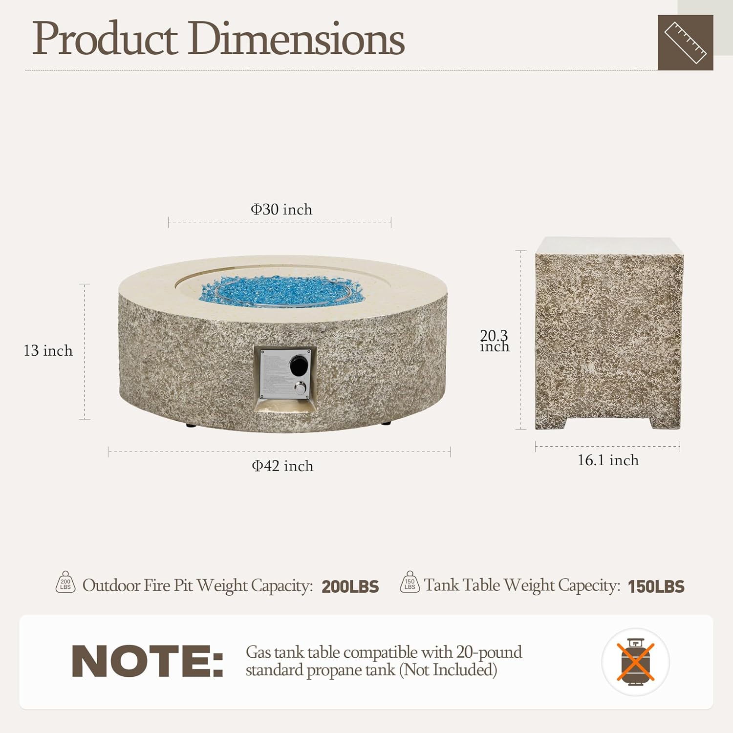 UPHA 42-inch round fire pit table with blue glass rocks and a propane tank cover table on a patio.